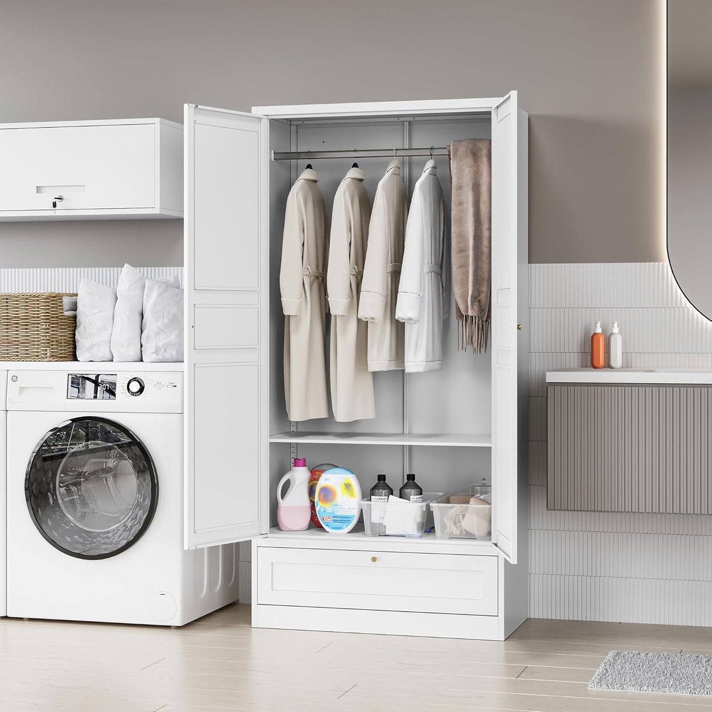 MIIIKO Wardrobe Closet with Drawer, 2 Doors Clothes Cabinet, 72" Metal Storage Cabinets with Hanging Rod, Bedroom Armoires Laundry Room and Office Clothes Storage Organizer Cabinets