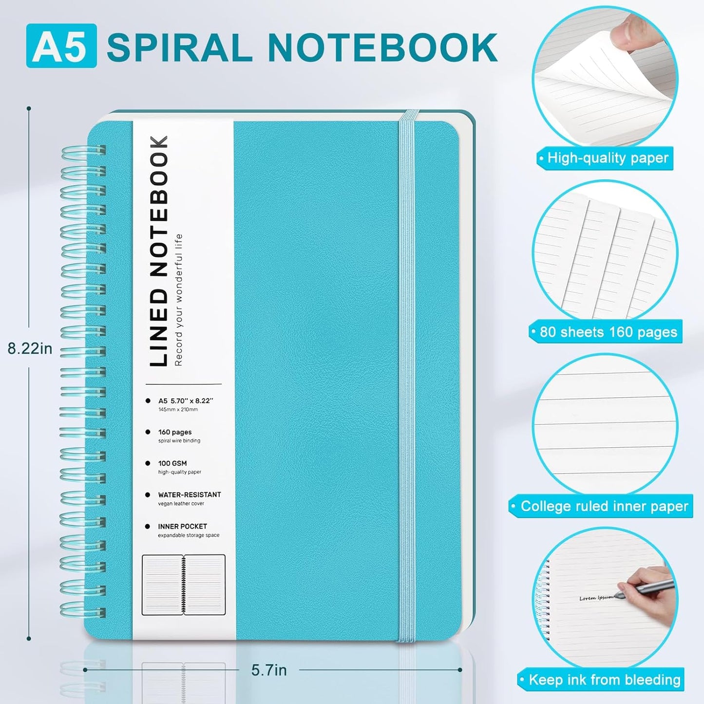 Lined Spiral Journal Notebook, A5 Hardcover Leather Notebook for Work, 5.7''×8.2'', 100GSM Thick Paper Spiral Bound Journaling Notebooks for Women & Men Office School Note Taking Business, Sky Blue