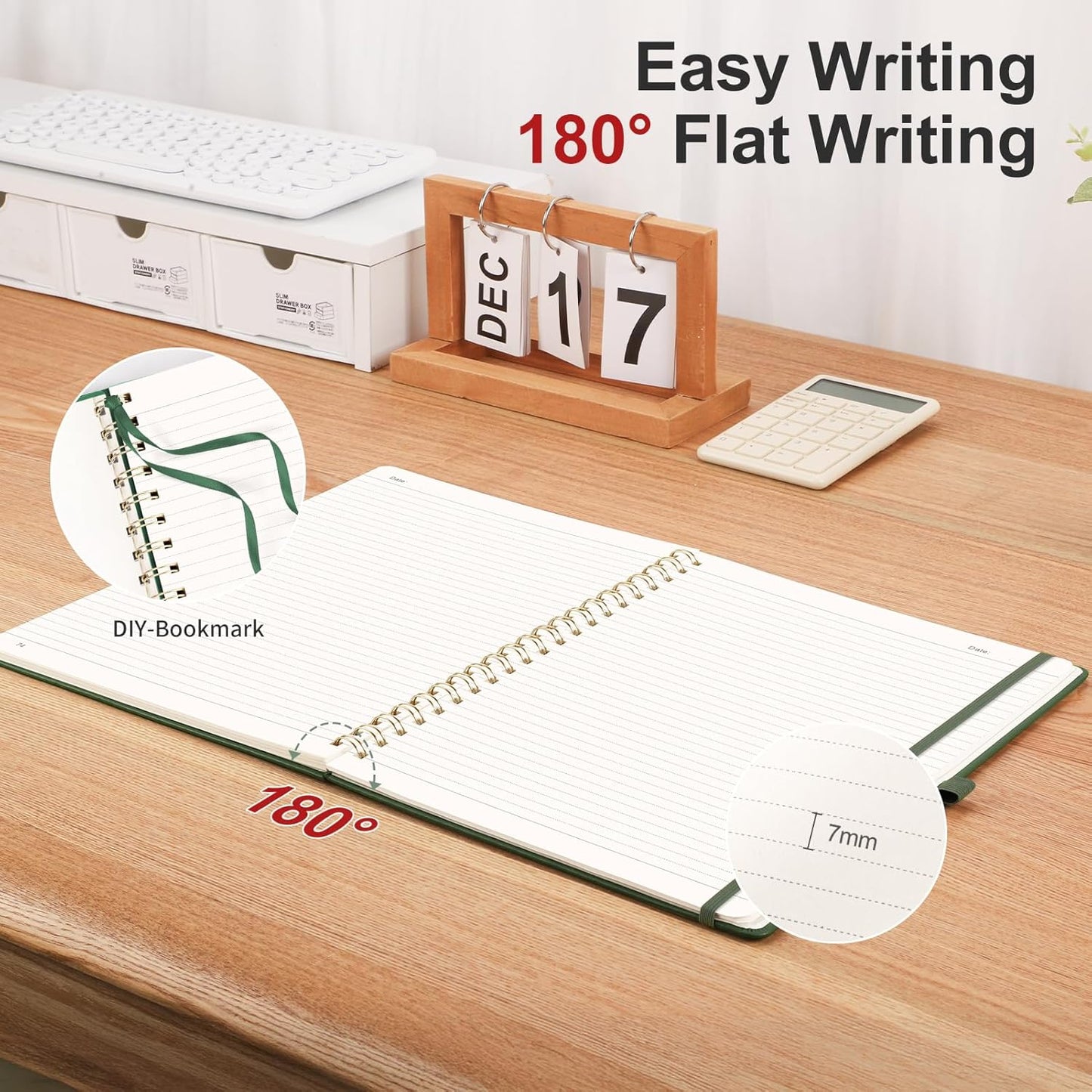 AHGXG Lined Spiral Notebook Journal for Women, 140 Pages Hardcover Leather Notebook College Ruled, A5 5.7" x 8.3", 100 GSM Thick Paper, Notebooks for School Work, Journals for Writing, Green