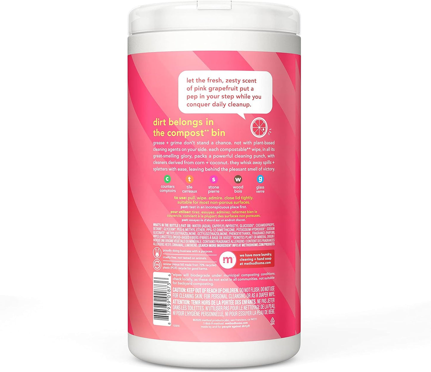 Method All-Purpose Cleaning Wipes, Pink Grapefruit, Multi-Surface, Compostable, 70 Count (Pack of 3)