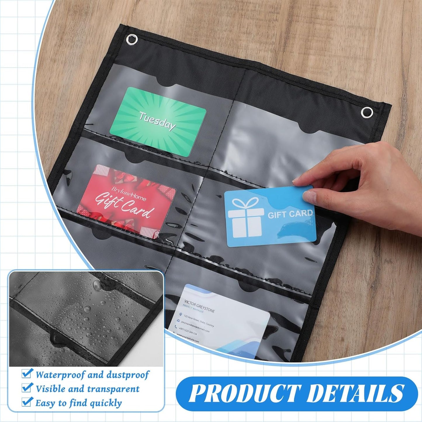 4 Pack 3'' x 5'' Index Card Holder Sleeve 16 Slot Plastic Organizer Hanging Wall Mount Business Note Cardholder PVC Clear Organizer Pocket for Classroom Office Library Home (Black)