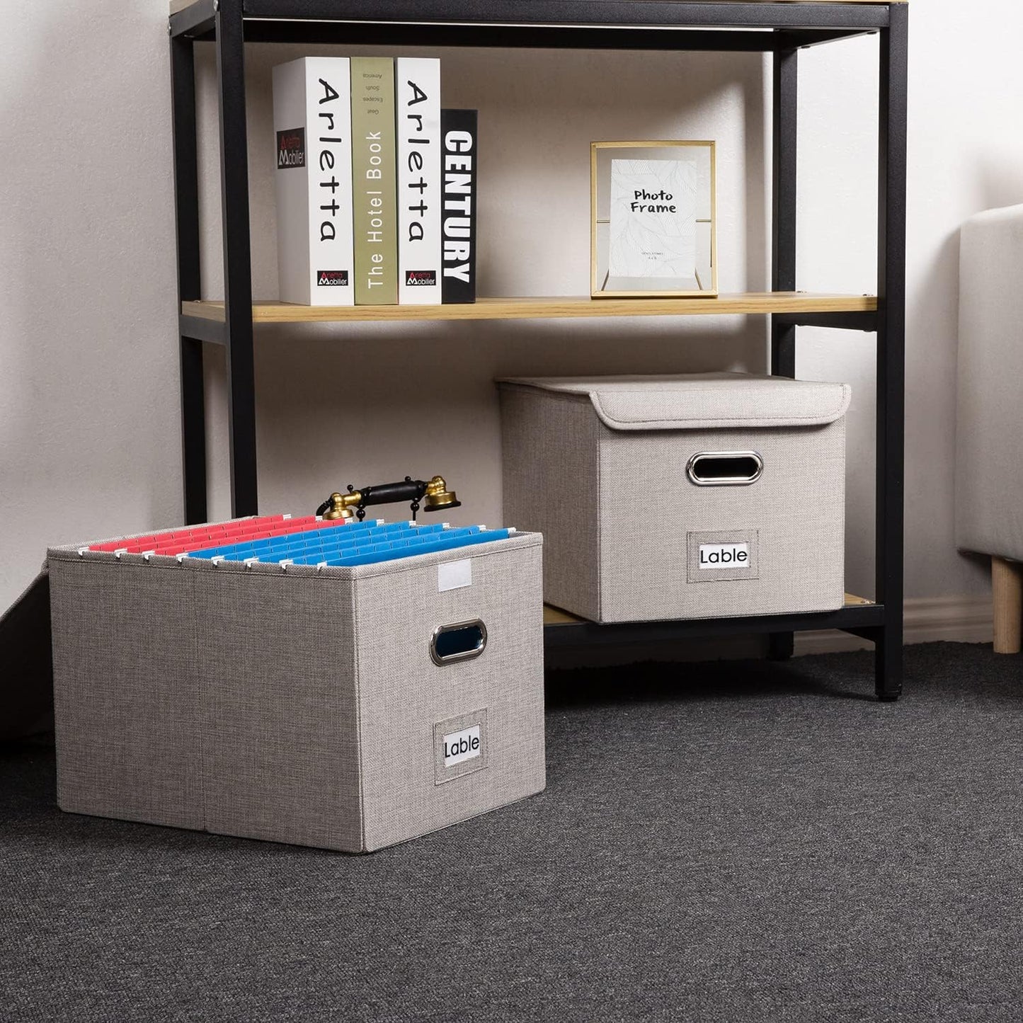 PRANDOM File Organizer Box - Set of 2 Collapsible Decorative Linen Filing Storage Hanging File Folders with Lids Office Cabinet Letter Size Light Grey (15x12.2x10.75 inch)