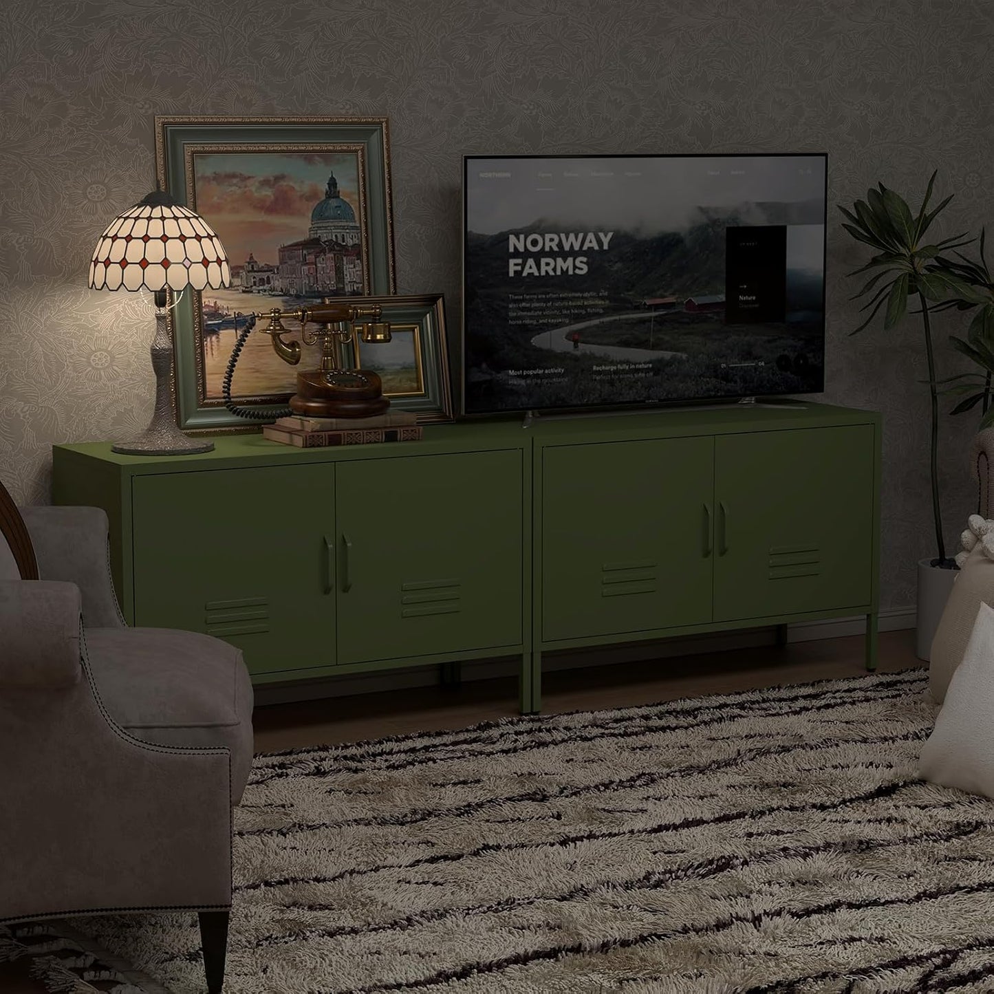 TV Stand with Storage,Metal Cabinet with Doors,TV Console with Storage with Adjustable Shelf,Morden TV Cabinet for Bedroom,Living Room,Avocado Green