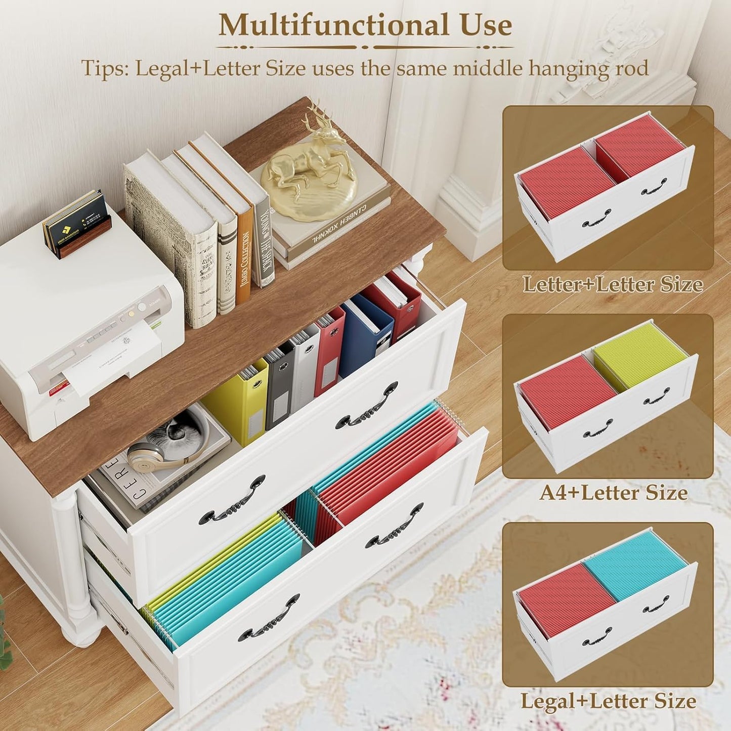 Lateral File Cabinet 2 Drawers Farmhouse File Cabinet Set of 2 for Letter/A4/Legal Size Hanging Files, Large Rustic White Storage Cabinets Printer Stand with 4 Solid Wood Feet &Column Decor for Office