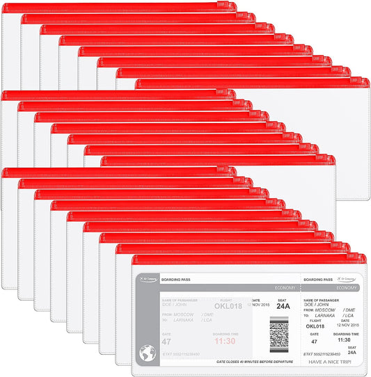 Marspark 100 Pieces Clear Pencil Case Zipper Envelope Bulk with Label Pocket Clear Plastic Envelopes with Zippered, A6 Pencil Bags for Cash, School Office Supplies, 9.2 x 4.7 Inches(Red)