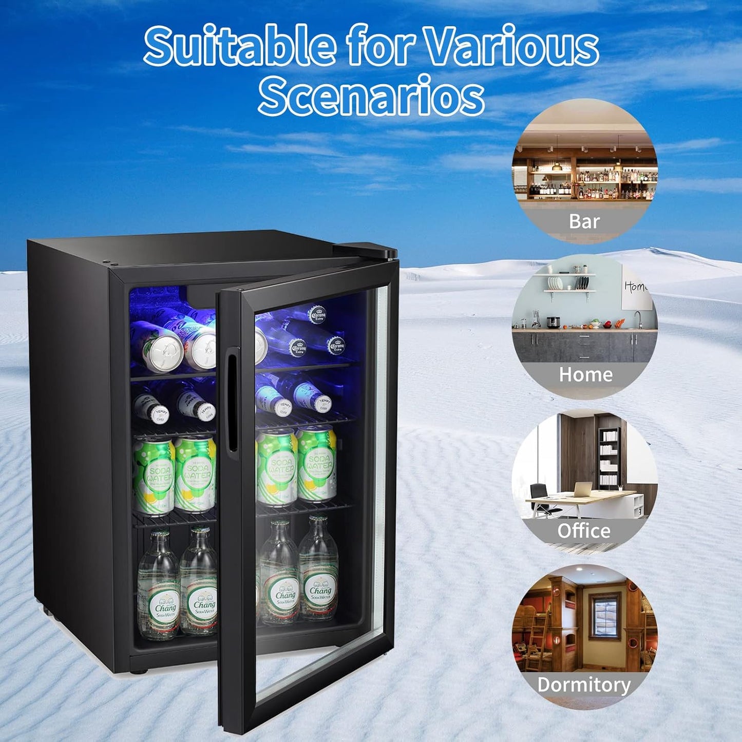 Antarctic Star Mini Fridge-95 Can Beverage Refrigerator Wine Cooler Clear Front Glass Door Small Drink Touch Screen for Soda Beer Bar Office Home 2.6 cu.ft
