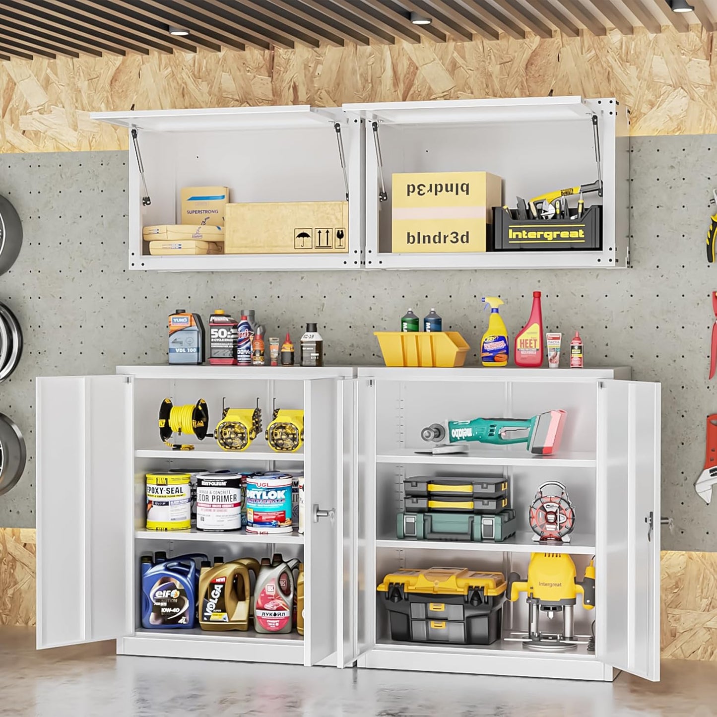 INTERGREAT Metal Cabinet with Lock, Lockable Metal Storage Cabinets with Doors and Shelves for Garage, White Locking Garage Storage Cabinets 36"×32"×16"