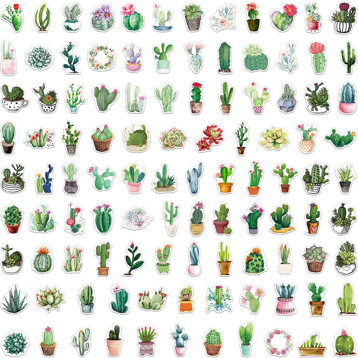 MAXLEAF 100PCS Vintage Green Plants Cactus Adhesive Stickers for Decoration Planner Phone Case Scrapbook Kids Helmets (Green Cactus)