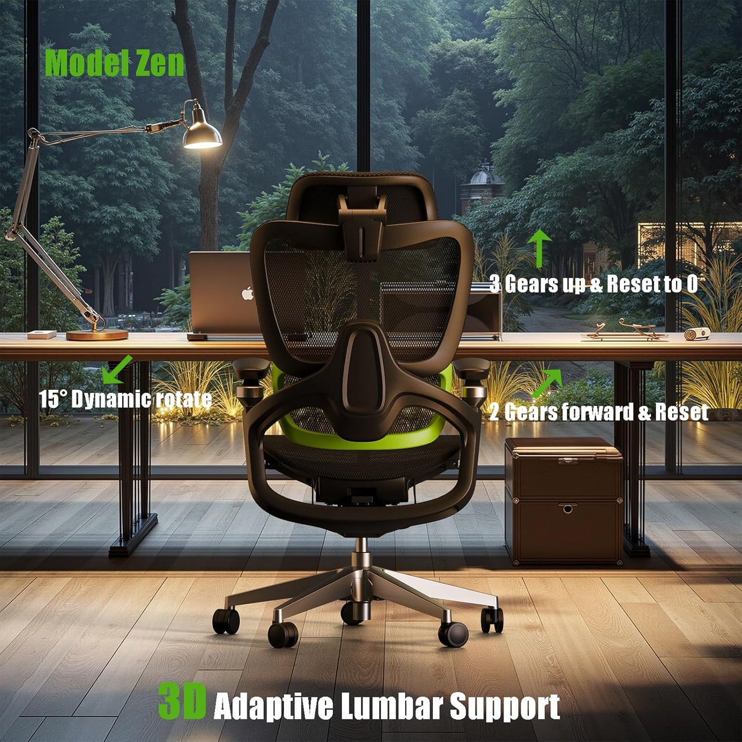 Ergonomic Office Chair, Mesh Home Office Desk Chair with Adaptive Lumbar Support, Gaming Chair with Headrest, 5D Armrest,90-130°Tilt, BIFMA Certified, Model Zen (Green)