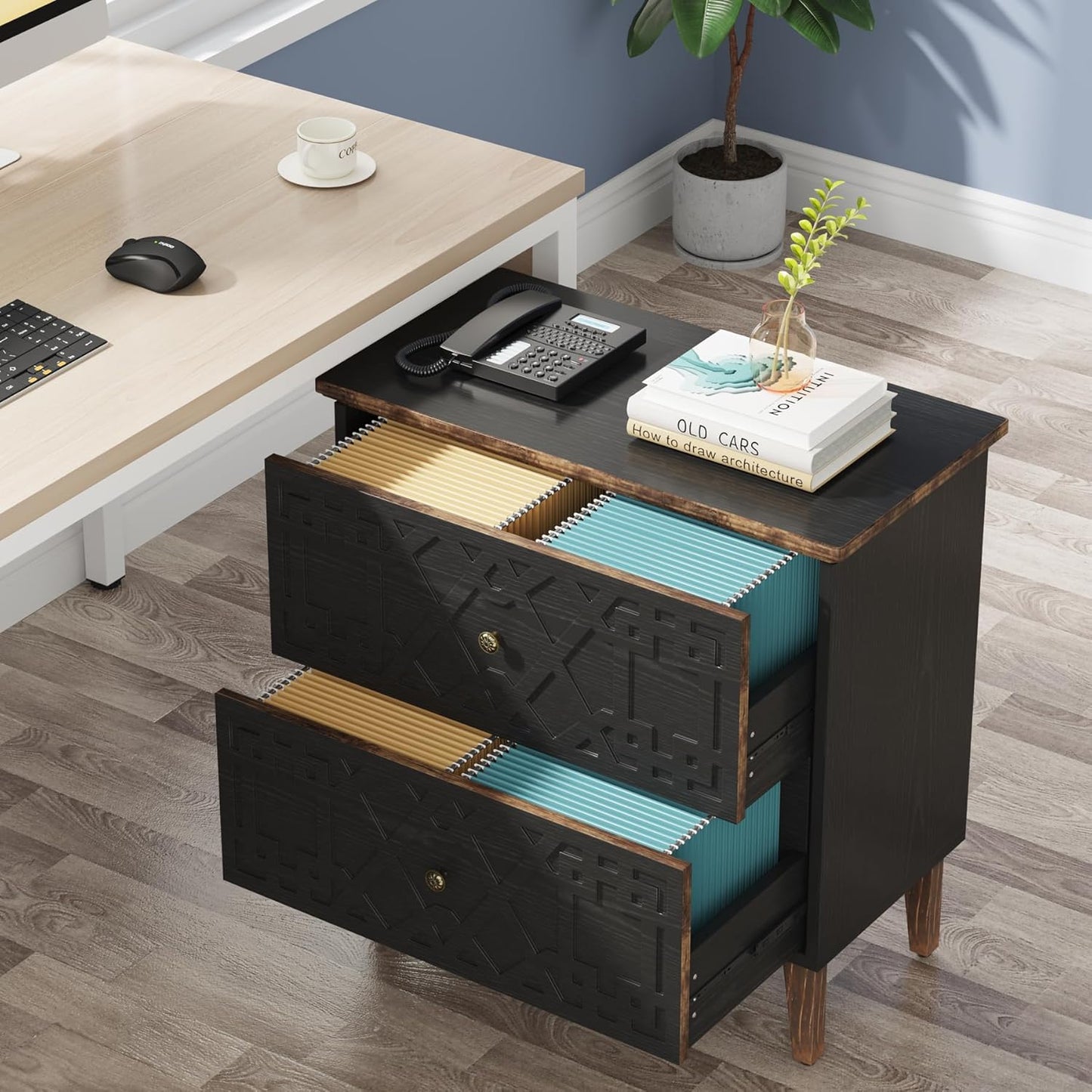 LITTLE TREE 2-Drawer File Cabinet, Lateral Filing Cabinet for A4/Letter/Legal Size, Office Storage Cabinet, Printer Stand with Storage Drawer for Home Office, Black