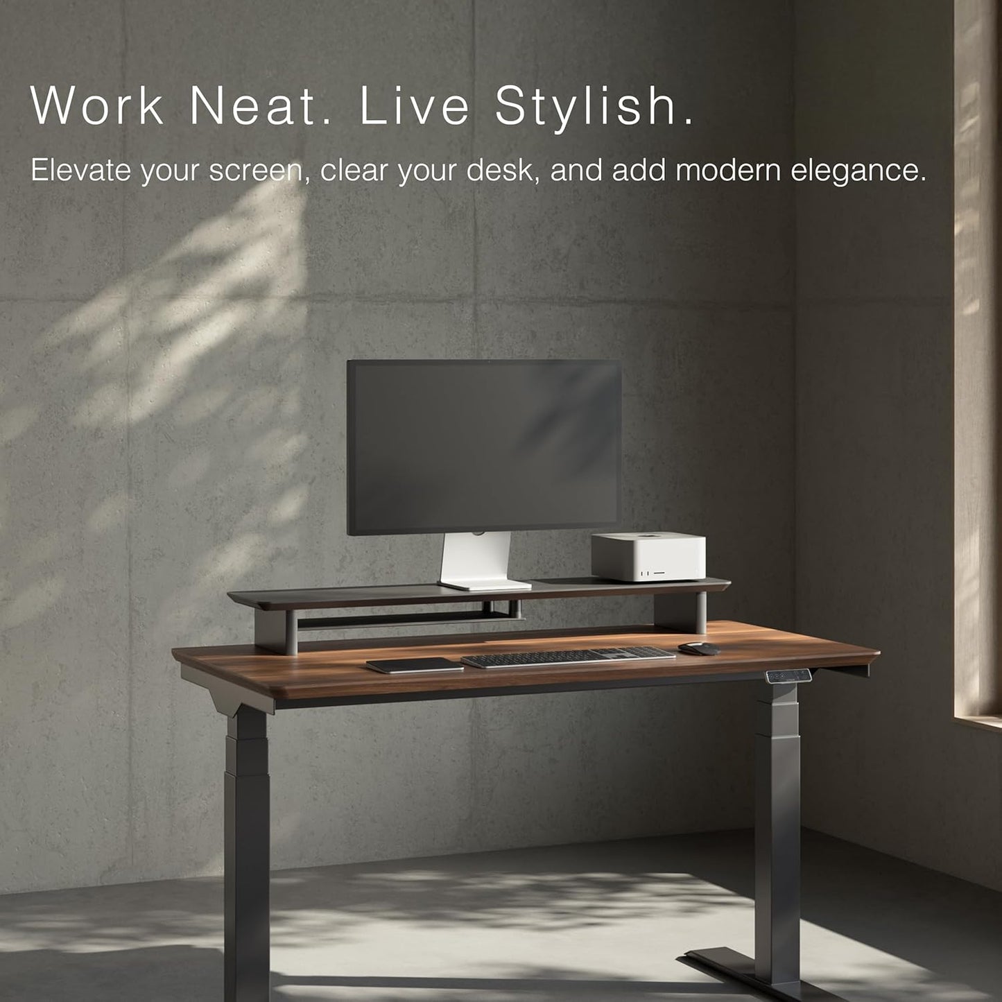 Walnut Dual‑Tier Monitor Stand for Modern Desk Setup – Minimalist Wooden Riser Shelf for Dual Monitors, Laptops, Home Office Aesthetic (Dark Walnut, Large)