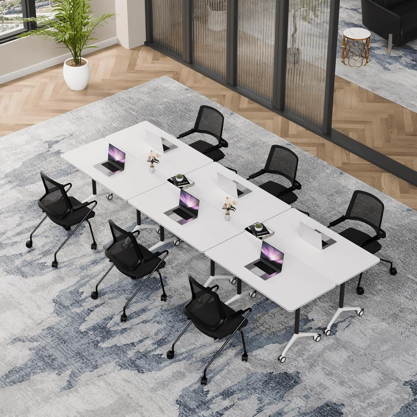 Folding Conference Table, Modern Conference Room Tables with Flip-Top Design, Foldable Conference Table Meeting Table with Wheels, Mobile Seminar Training Tables for Office Classroom (4, White 2)