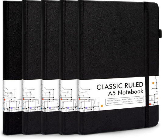 5 Pack Journal Notebook Bulk for School, Feela Hardcover Business Notebooks Classic Ruled Lined Journals with Pen Holder for Work Note Taking, with 5 Black Pens, 120 GSM, 5.1”x8.3”, A5, Black