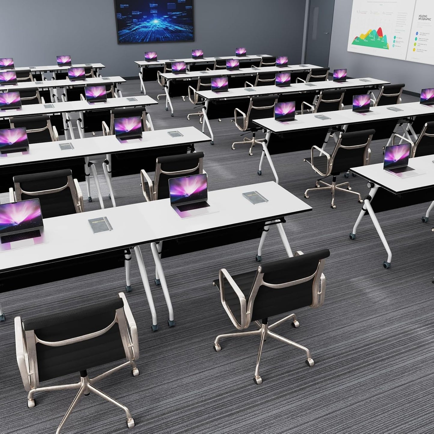 Conference Table, Folding Conference Room Tables, Mobile Training Tables with Silent Wheels, Large Rectangular Modular Seminar Table Office Computer Desks for Classroom White (8Pack L70.9in)