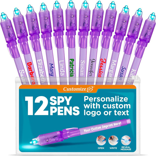 Personalized Invisible Disappearing Ink Pen Marker, Custom Secret Spy Message Writer with UV Light, Fun Activity for Kids Party Favors Gifts and Stock Stuffers, 12 Pack, Purple