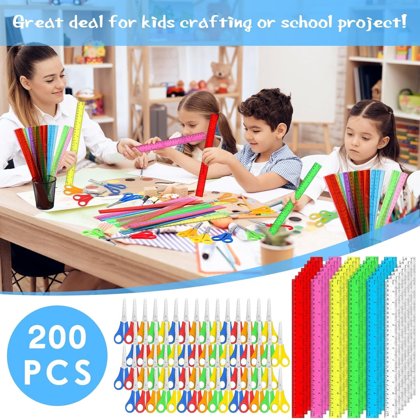 PerKoop 200 Pcs School Supplies with 100 Pcs Safety Blunt Tip Student Scissors 100 Pcs 12 Inch Plastic Rulers Back to School Supply Kit for Operation Christmas Charity Donation Supplies (Cute Color)