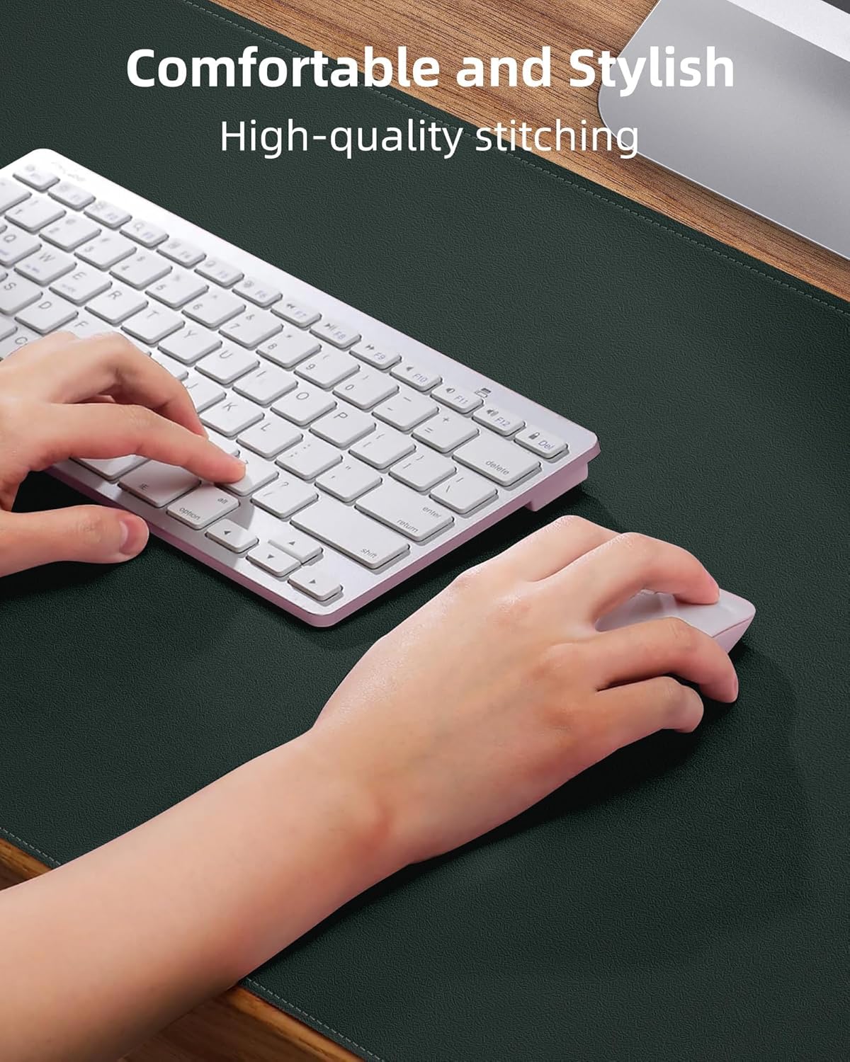 Leather Desk Pad Protector Large Mouse Pad, Stitched Locking Edge Laptop Computer Desk Mat Blotter, Non-Slip Waterproof Durable Writing Pad for Office and Home (Dark Green, 80 x 40cm)