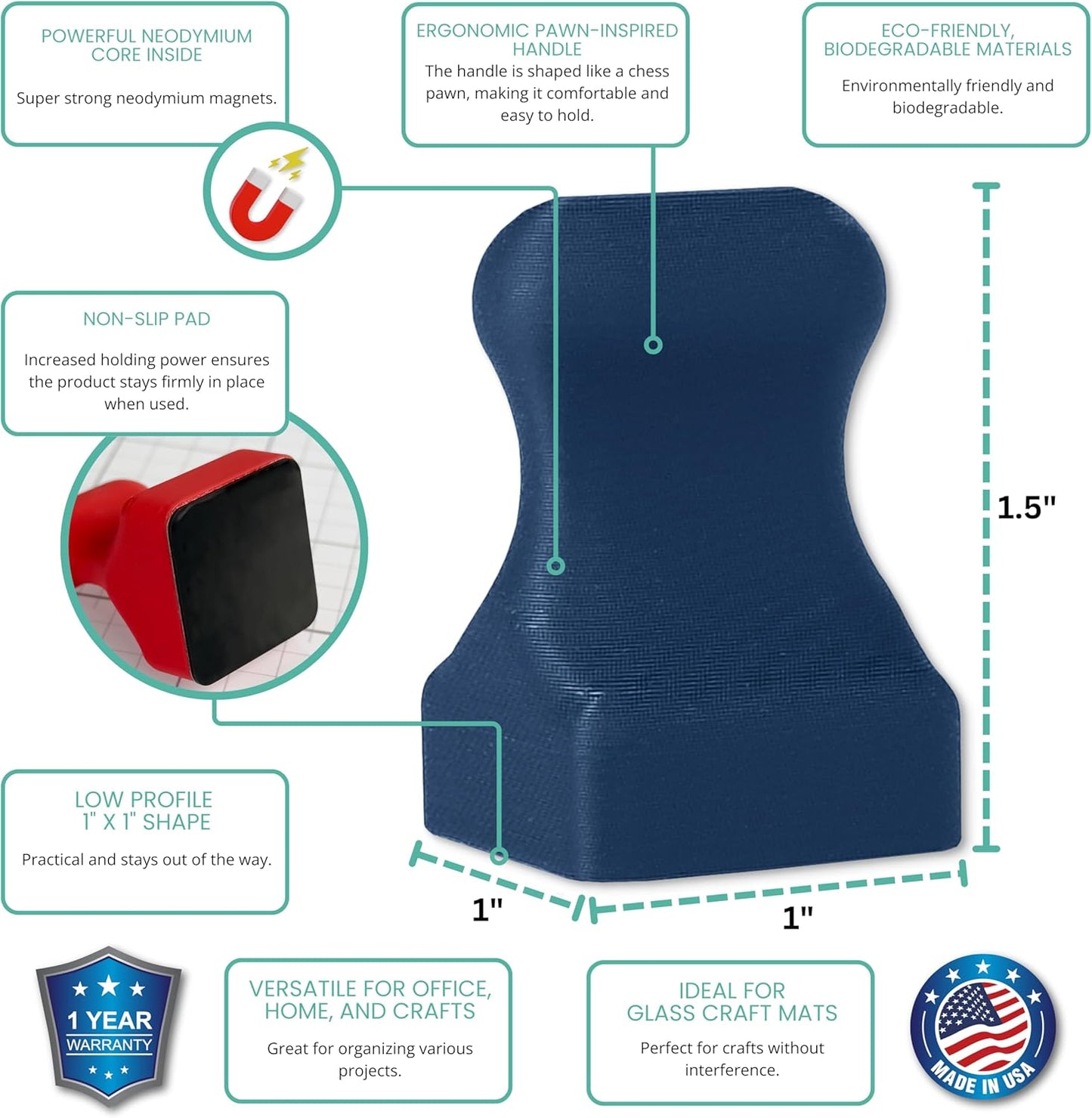 Glassboard Studio MiniPawn Magnet - Strong Neodymium Rare Earth Magnets for Fridge, Whiteboard, Locker & Magnetic Glassboards - Ideal for Crafting & Office Use - Strong Fridge Magnets (Navy Blue, 2)