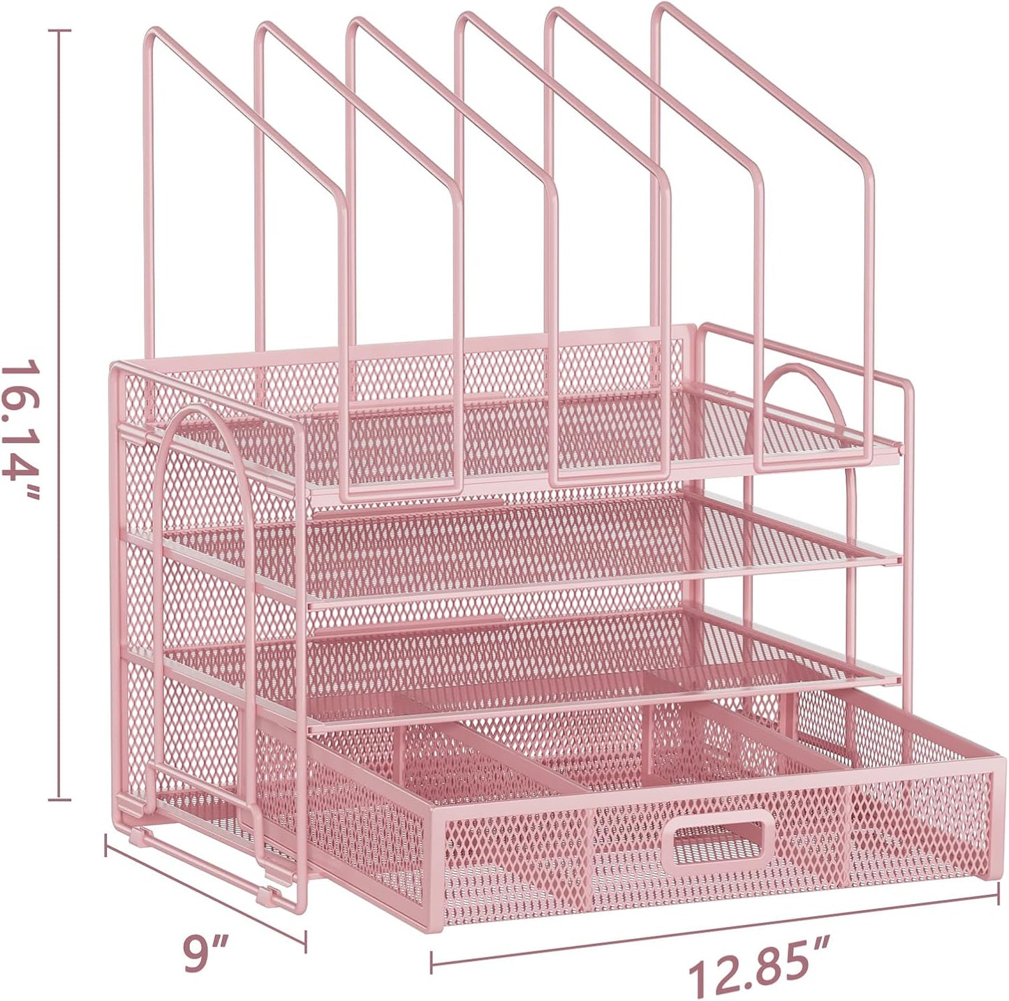 Marbrasse Desk Organizers, 4-Tier Mesh Desk File Organizer with 5 Vertical File Holders and 2 Pen Holders, Multifunction Desktop Organizer,Desk Organizers and Accessories for Home Office (Pink)