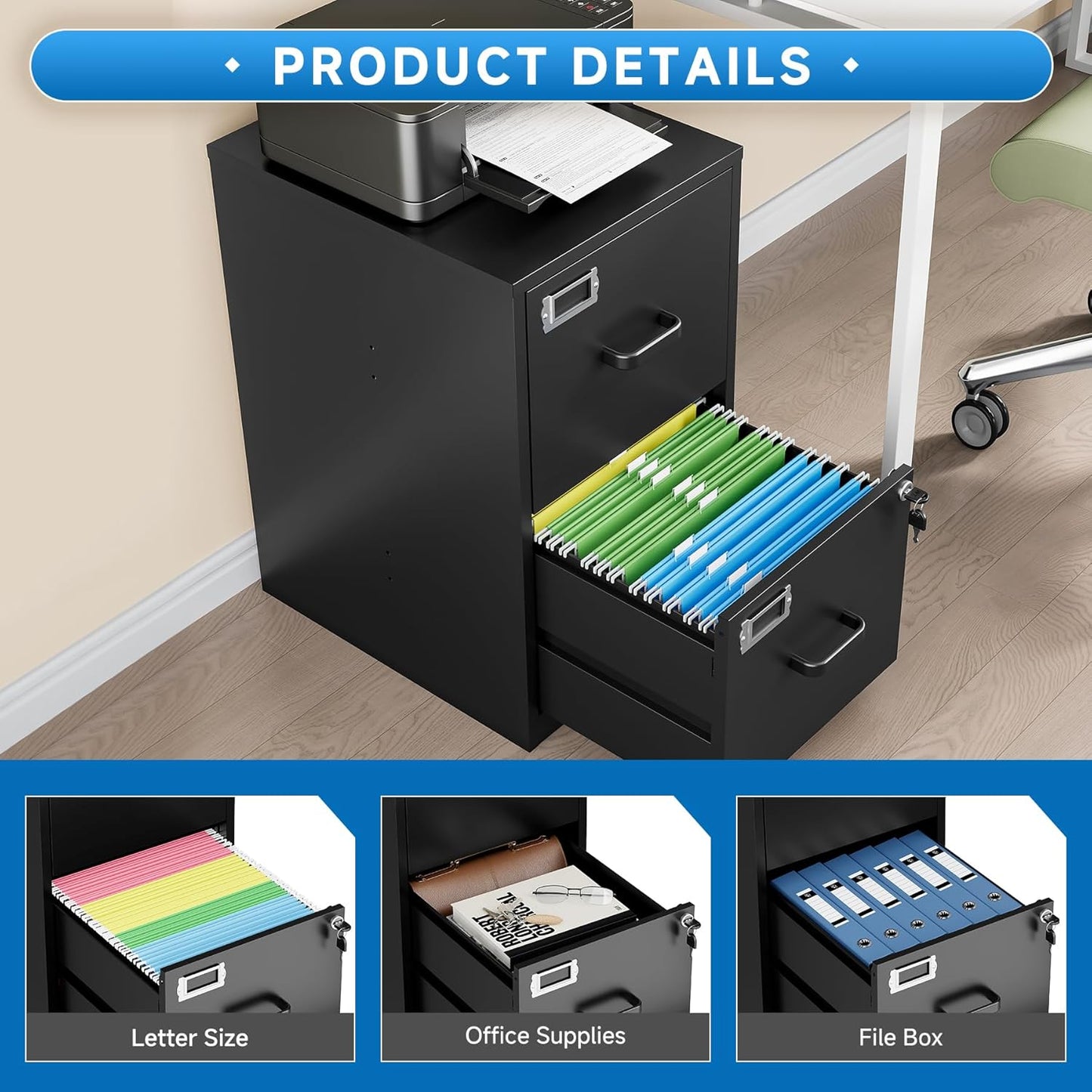 2 Drawer File Cabinet with Lock Vertical Filing Storage Cabinet Office Home Steel Vertical File Cabinets for Letter Size File Cabinet Locked,Assembly Required