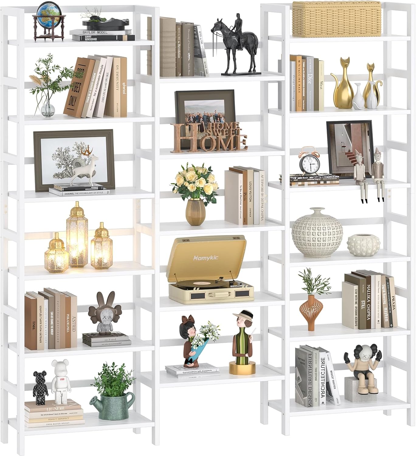 Homykic Bamboo Triple Wide Shallow Bookshelves and Bookcases, 6-Tier 6ft Tall Bookshelf with 17 Open Display Shelves, Super Large Freestanding Book Shelf for Home Office, Bedroom, Living Room, White