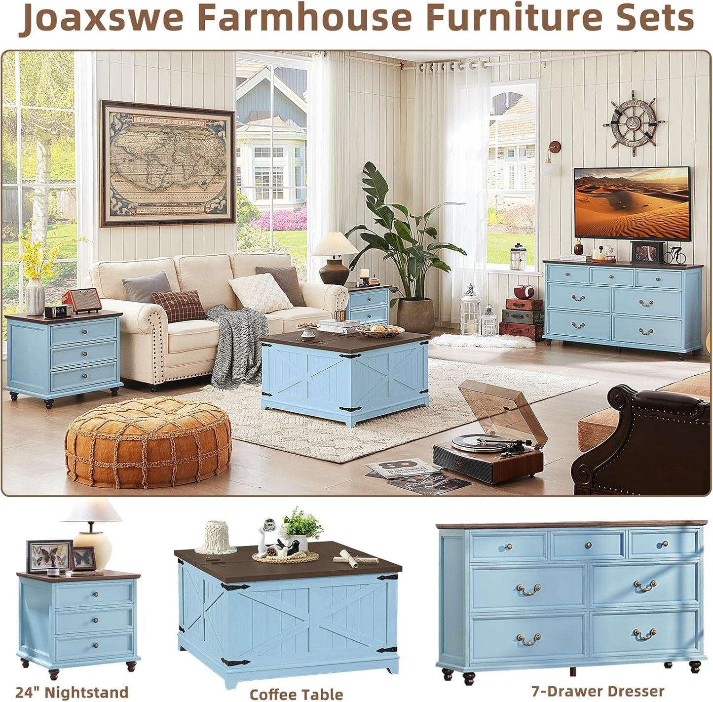 24" Wide Farmhouse Night Stand Set of 2,Large End Table with 3 Drawers & Metal Handle,Light Blue Wood Dresser for Bedroom Cabinet, Bed Side Table Chest of Drawers ,Nightstand for Living Room,Closet