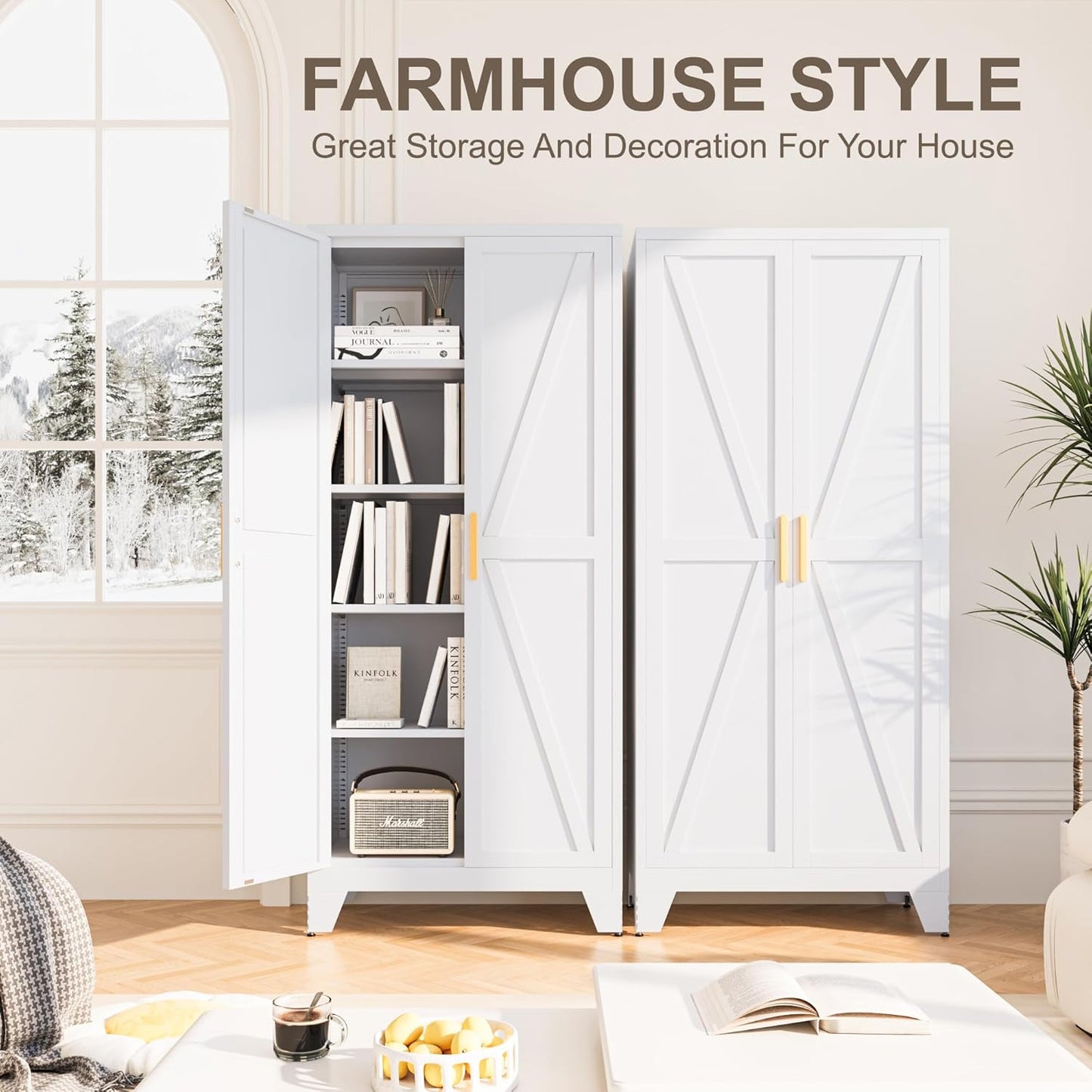 71H Tall Metal Storage Cabinet with 2 Doors and 5 Shelves,Farmhouse Storage Cabinet with Barn Doors,Pantry Storage for Home,Office,Dining Room,Kitchen,Bathroom(White)