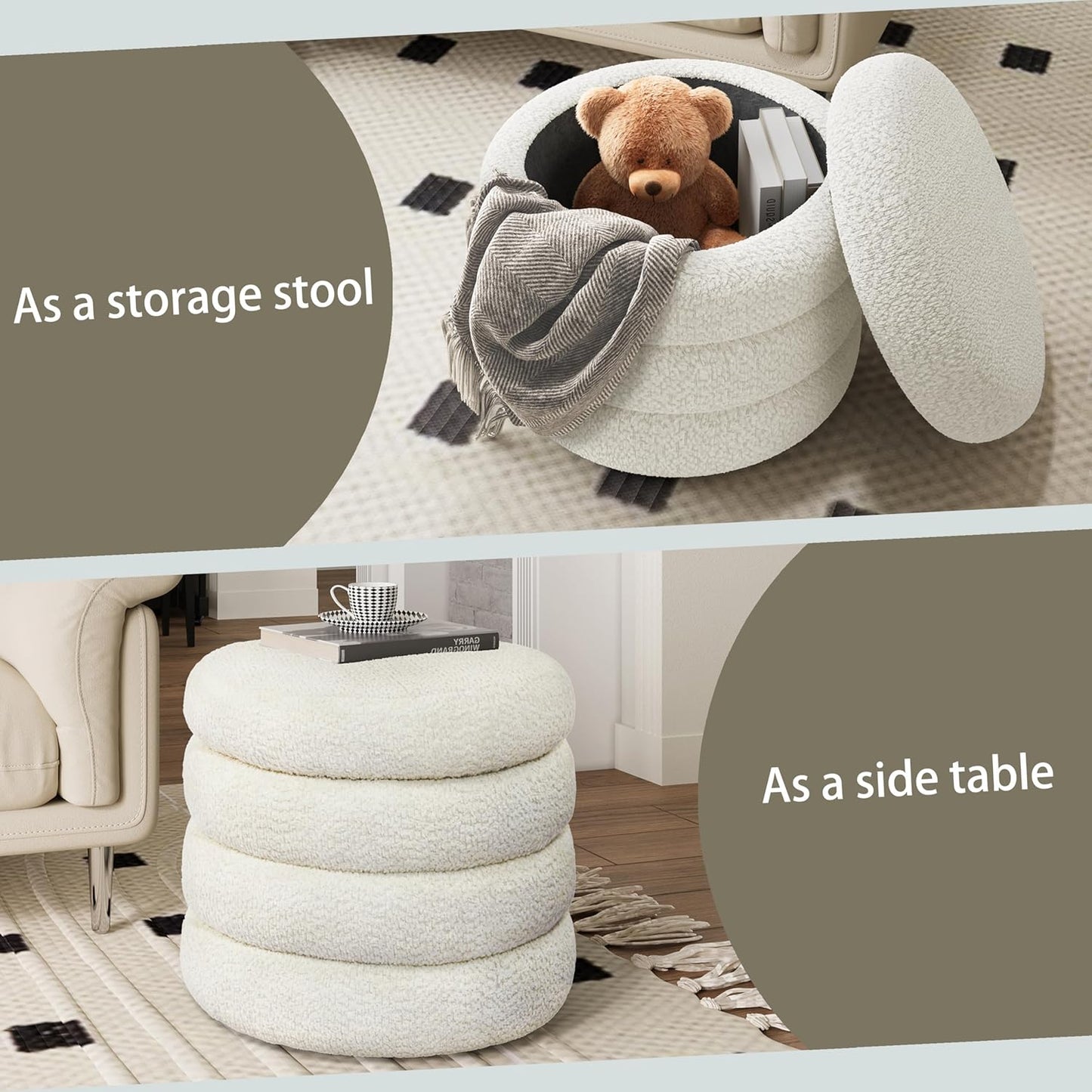 Storage Ottoman, Round Ottoman with Storage, Vanity Stool Foot Rest with Removable Lid, Round Boucle Upholstered for Living Room Pouf Footstool