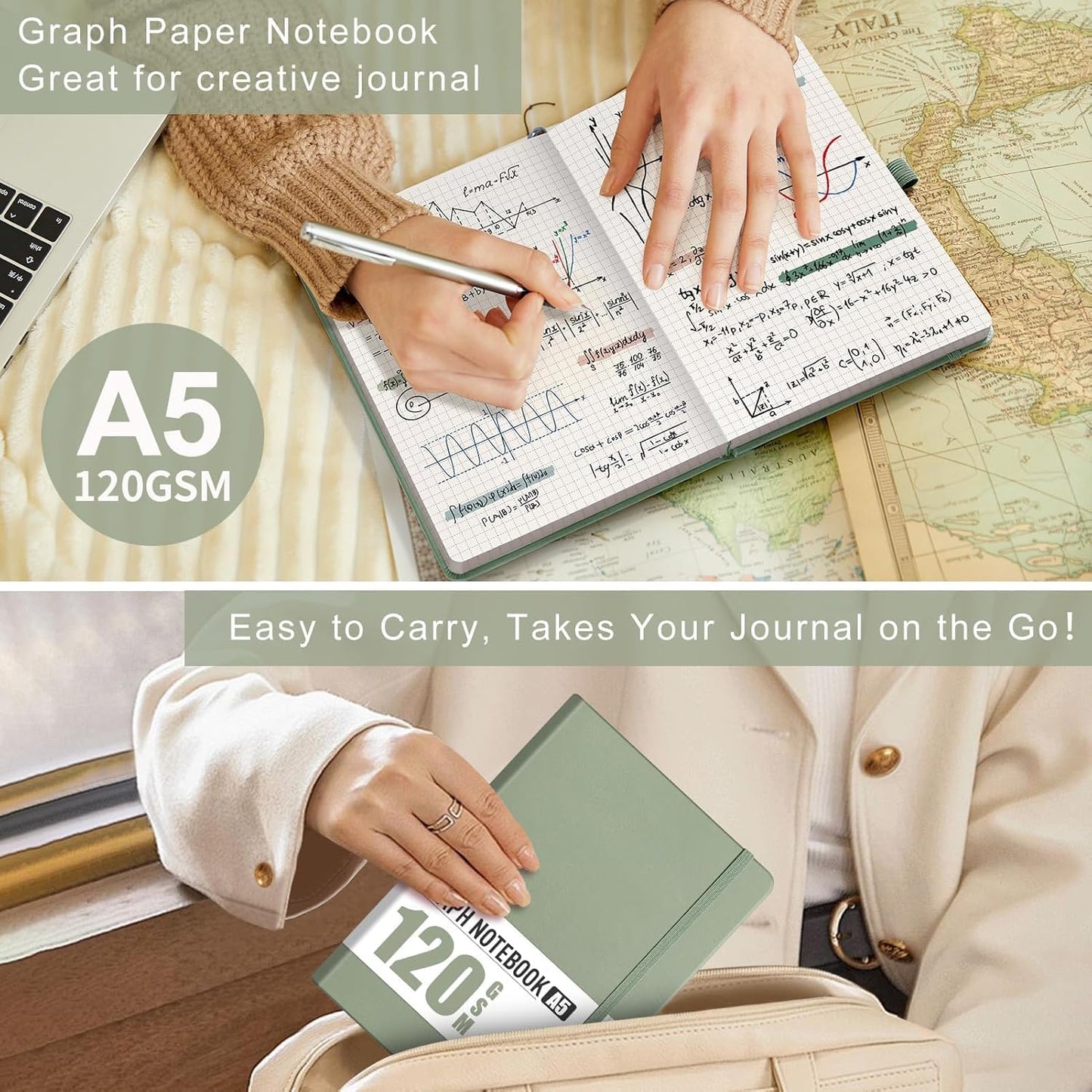 AHGXG Graph Paper Notebook - Grid Notebook Journal A5, 120 GSM Thick Graph Paper, 160 Pages, Leather Hardcover, for Graphing, Writing, Math, Engineering, 5.75'' × 8.38''- Sage Green