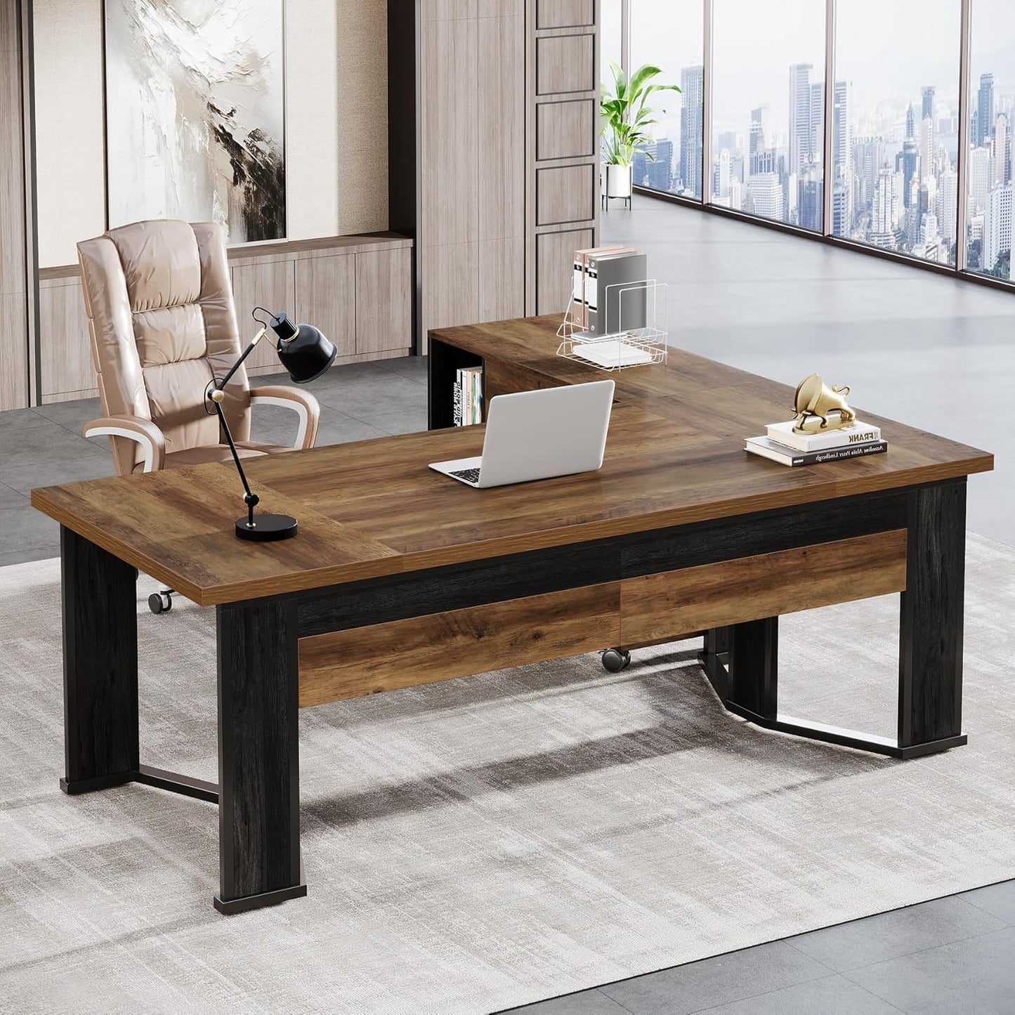 Tribesigns 70.86" Executive Desk with Mobile File Cabinet, Large L Shaped Computer Office Desk with 2 Drawers and Storage Shelves, Business Furniture Desk Workstation for Home Office (Rustic Brown)