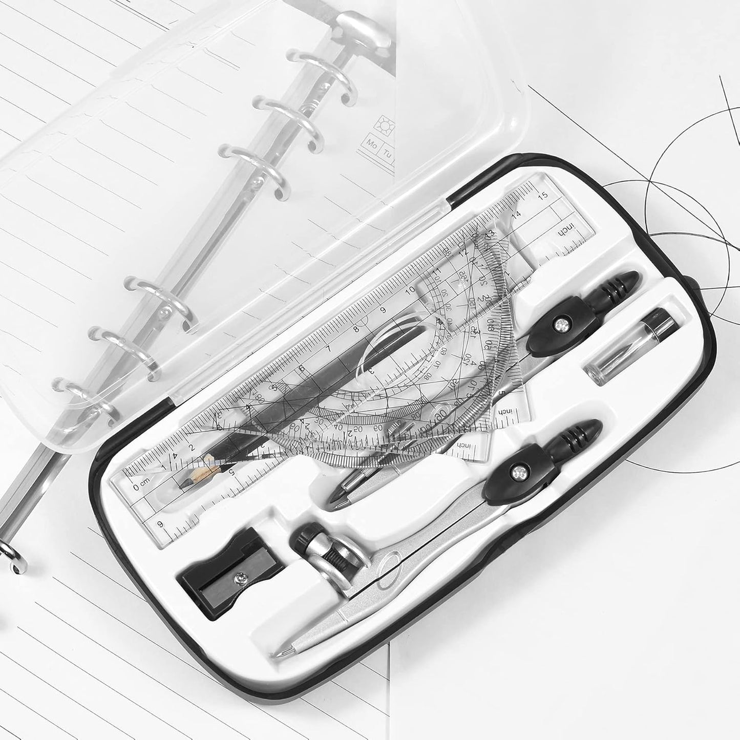 Math Geometry Kit Sets 10 Piece Student Supplies with Shatterproof Storage Box,Includes Rulers,Protractor,Compass,Eraser,Pencil Sharpener,Lead Refills,Pencil,for Drafting and Drawings（Black）