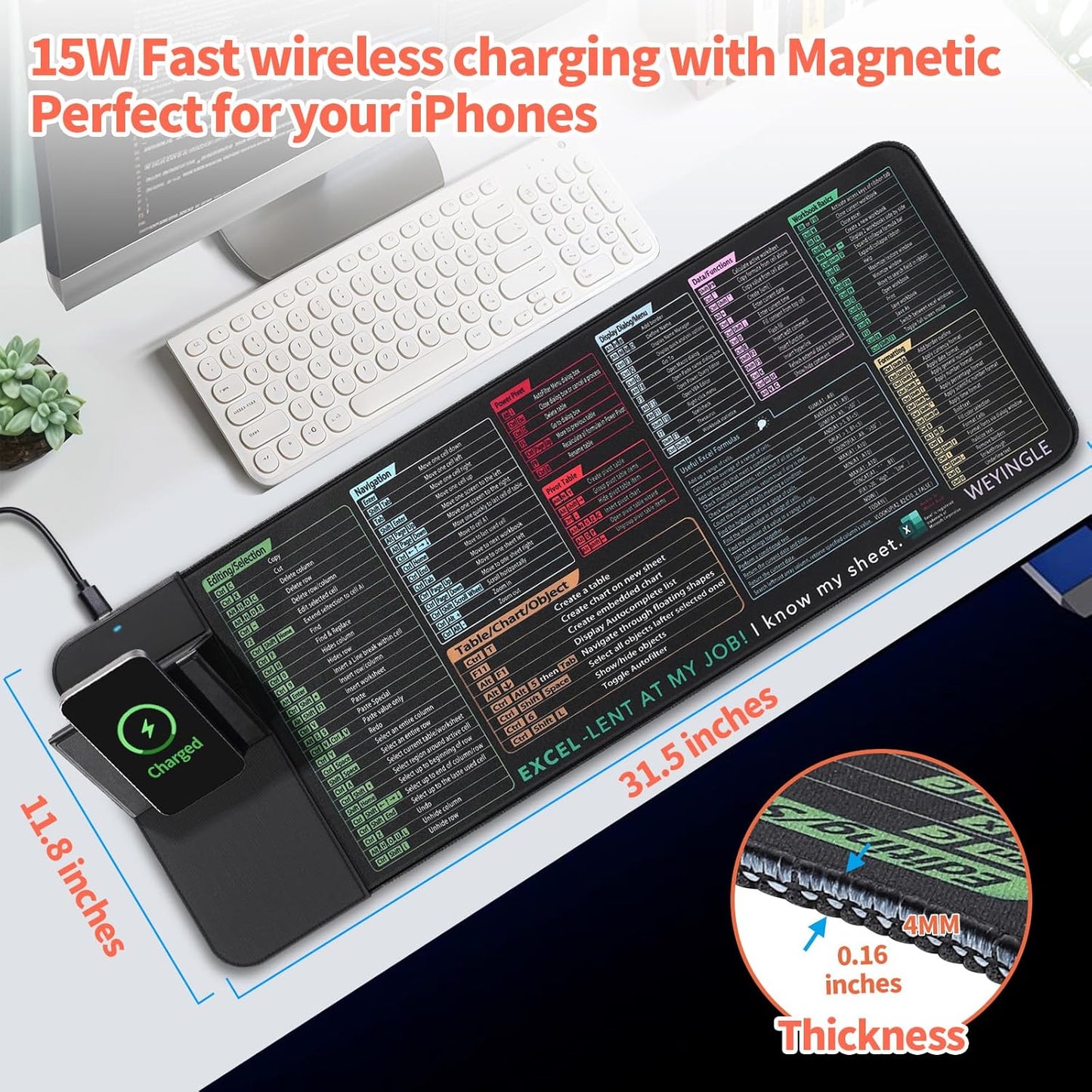 Wireless Charging Mouse Pad with Foldable Phone Stand &Excel Shortcut Keys 15W Qi Fast Charging Desk Mat XXL Non-Slip Surface for Gaming/Office, Compatible with Qi-Enabled Phones (31.5x11.8x0.16inch)