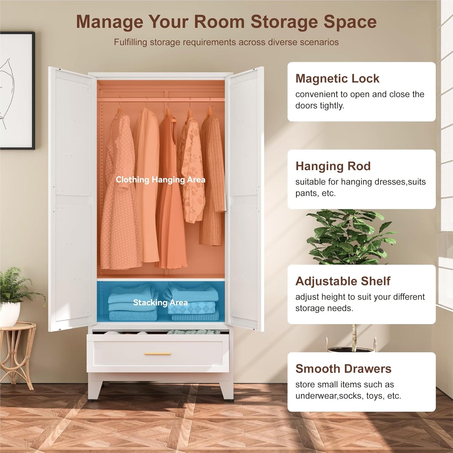 Farmhouse Wardrobe Cabinet with One Drawers,Metal Wardrobe Closet with Hanging Rod,Metal Armoire with Adjustable Shelves for Bedroom,Living Room, Cloak Room,Office (White)