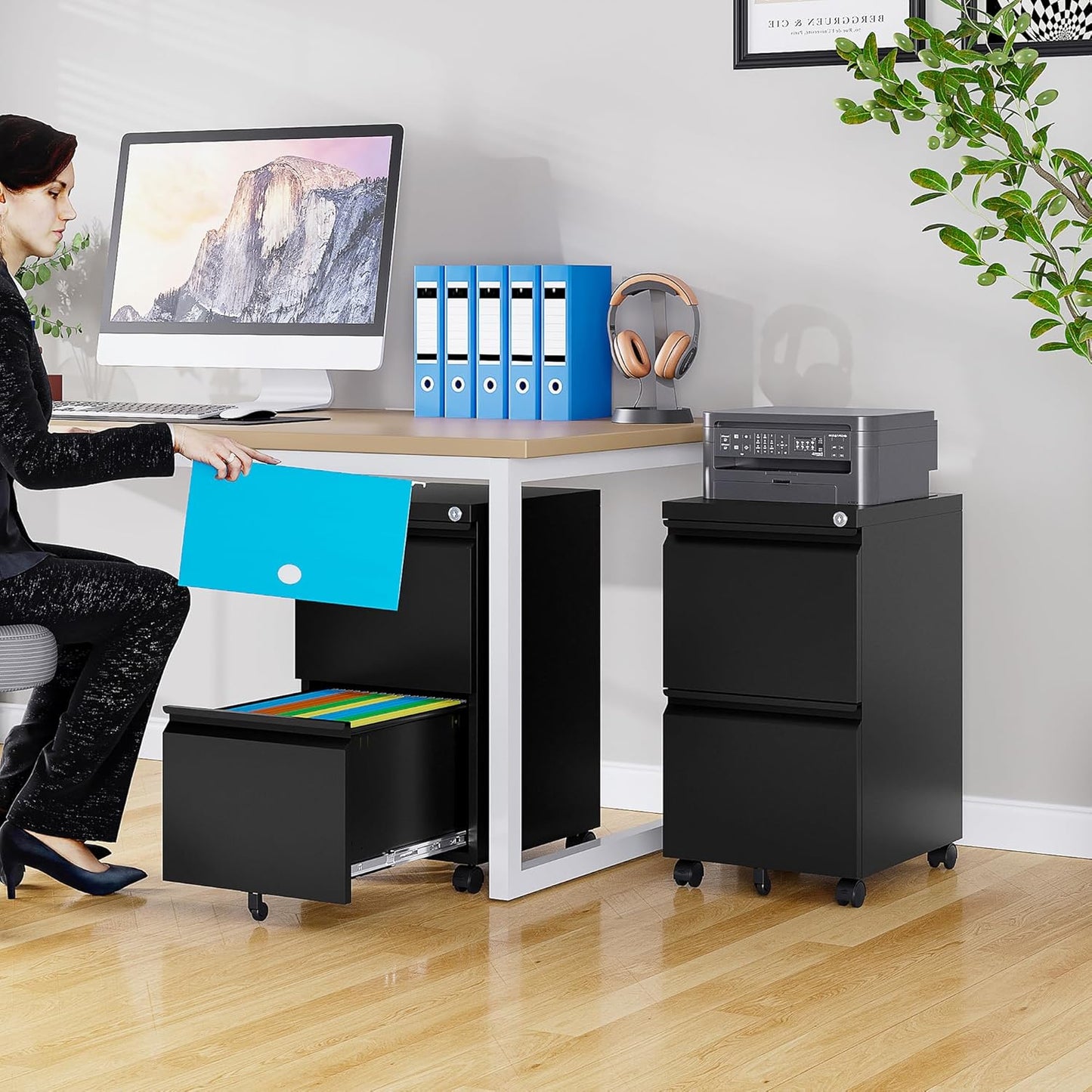 SISESOL 2 Drawer File Cabinet on Wheels,Metal Filing Cabinet with Lock,Black Rolling File Cabinets with Casters,Under Desk Office Cabinets for Home Office,Fit A4/Letter/Legal,Easy Assembly