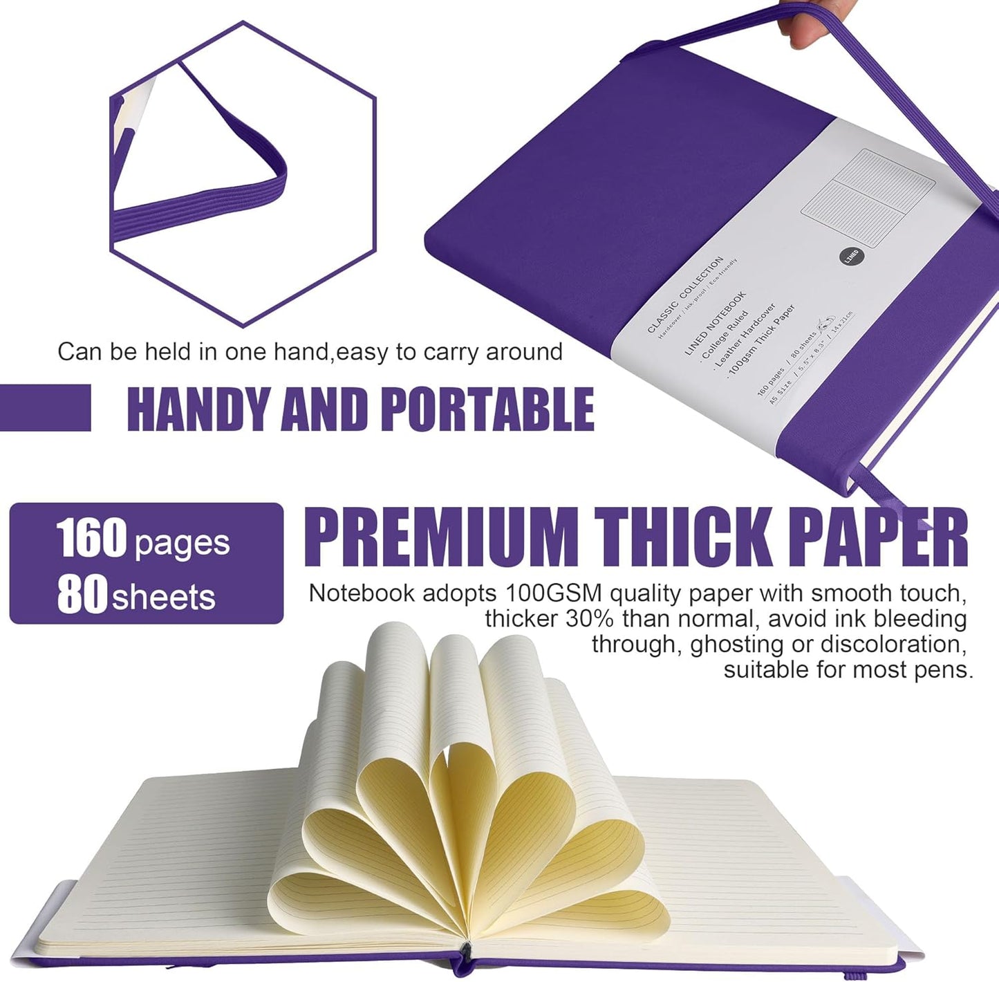 Lined Journal Notebook, 160 Pages, Medium 5.7 inches x 8 inches - 100 gsm Thick Paper, Hardcover (1, Purple)