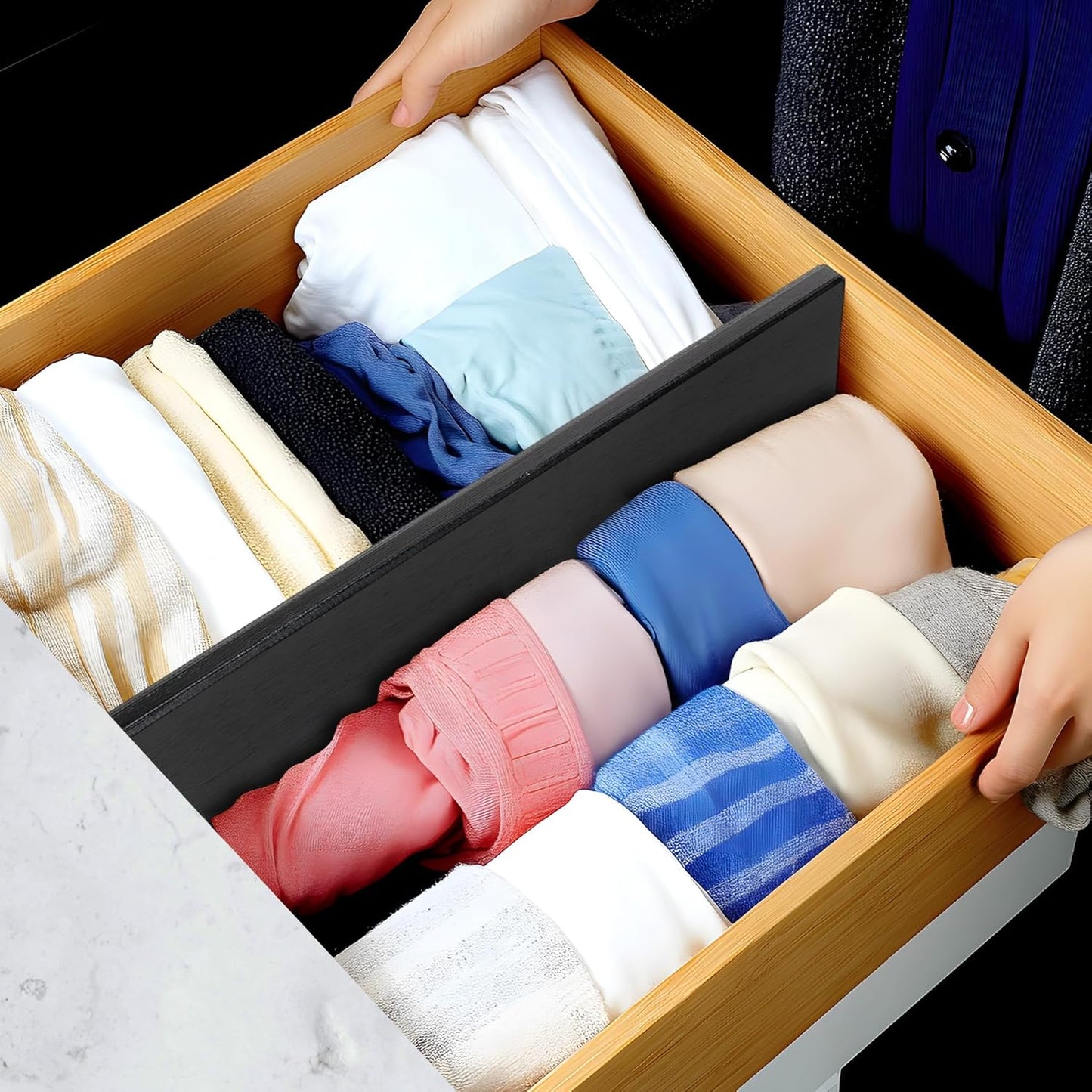 Utoplike Bamboo Drawer Dividers Large, 4'' High Adjustable Kitchen Drawers Organizers for Clothing, Spring Loaded, Works in Bathroom, Dresser, Desk, 4 PCS, Black