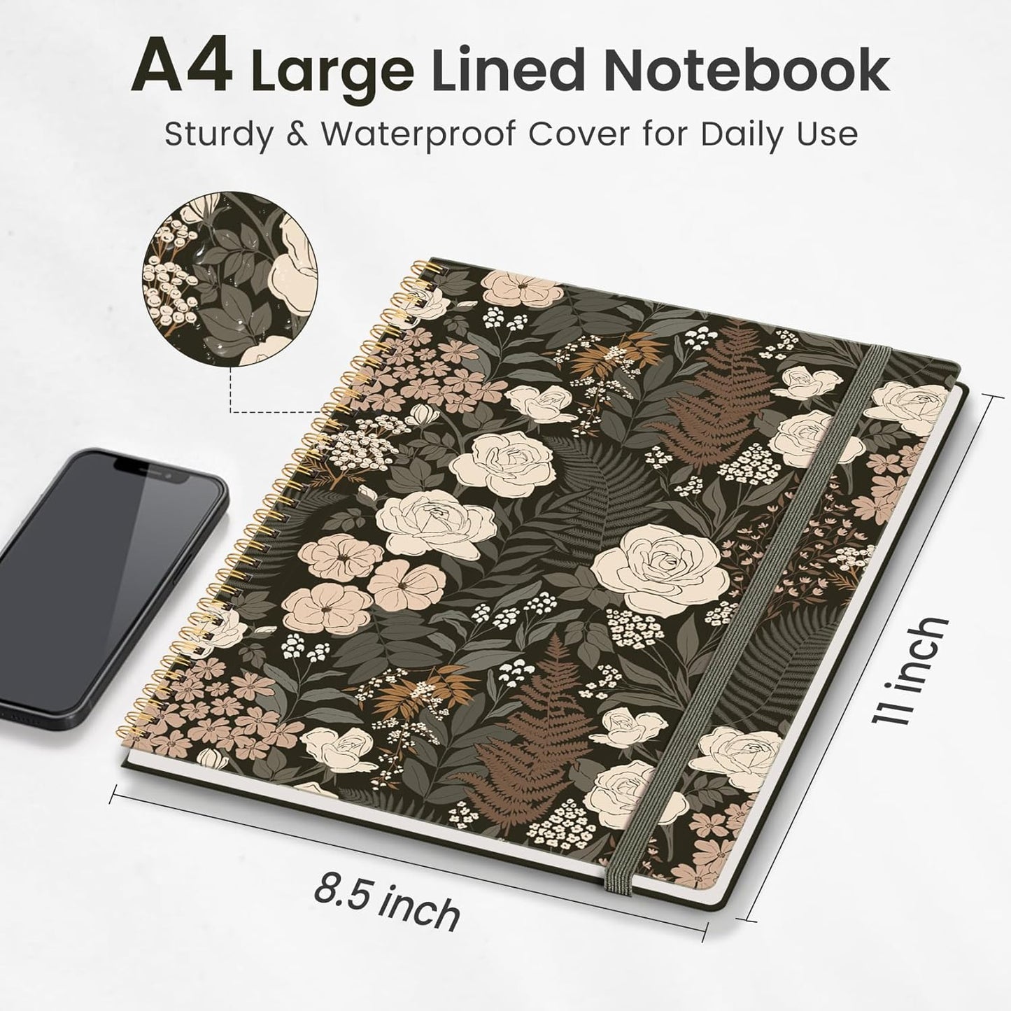 Taja Spiral Lined Notebook, 8.5"x11" Notebooks for Work, Large A4 Journal for Women & Men, College Ruled Journaling Notebook for Writing, Plastic Cover Spiral Journal, Wild Rose