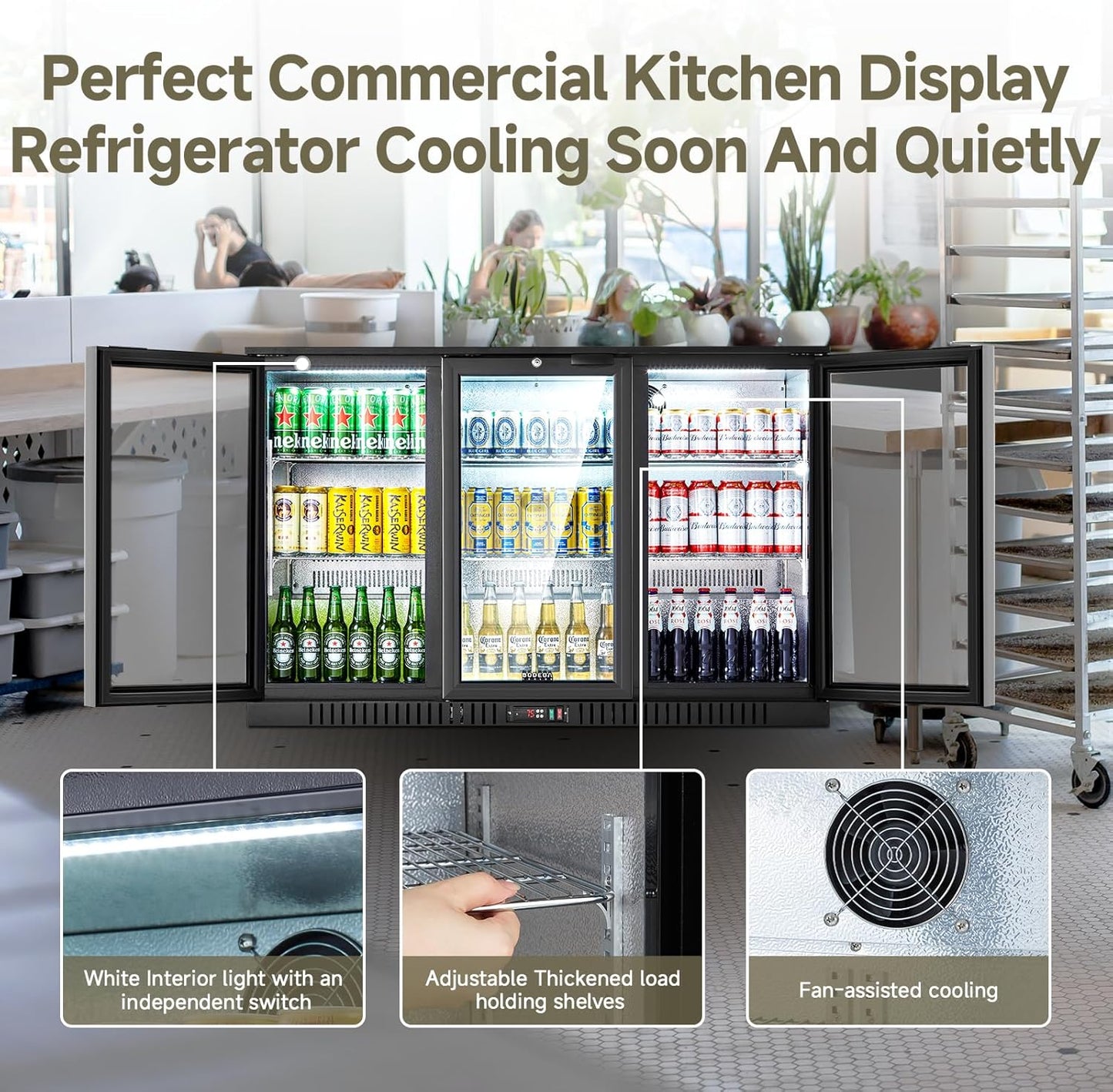 BODEGACOOLER Back Bar Cooler With 3 Glass Doors,Counter Height Commercial Beverage Refrigerator,11.4 Cu.Ft Display Bar Beverage Fridge with LED Lighting,21 inch Cooler for Beer,Soda Drinks,Wine