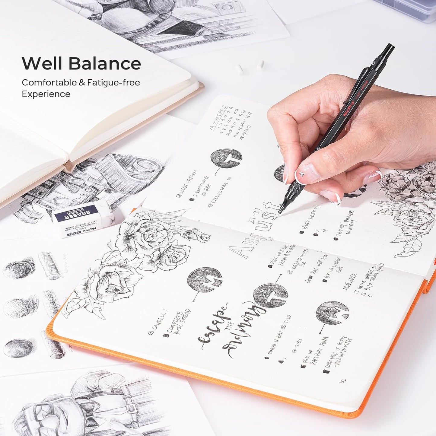 Nicpro 2 PCS Mechanical Pencil 0.5mm & 0.7 mm with Case, MP1000 Metal Artist Pencil Set with 4 Tubes HB Lead Refills, 2 Erasers, 9 Eraser Refills For Art Writing Drafting, Drawing, Sketch, Black