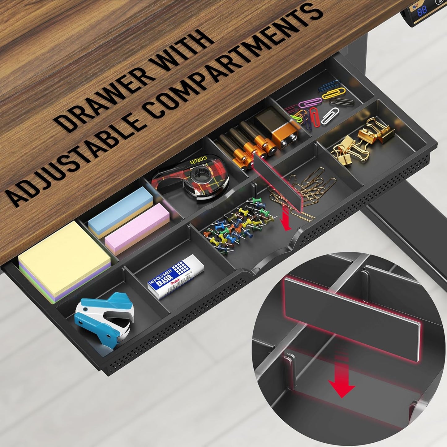 SHW 48-Inch Electric Height Adjustable Standing Desk with Drawer, Memory Preset and Cable Management Tray, Walnut