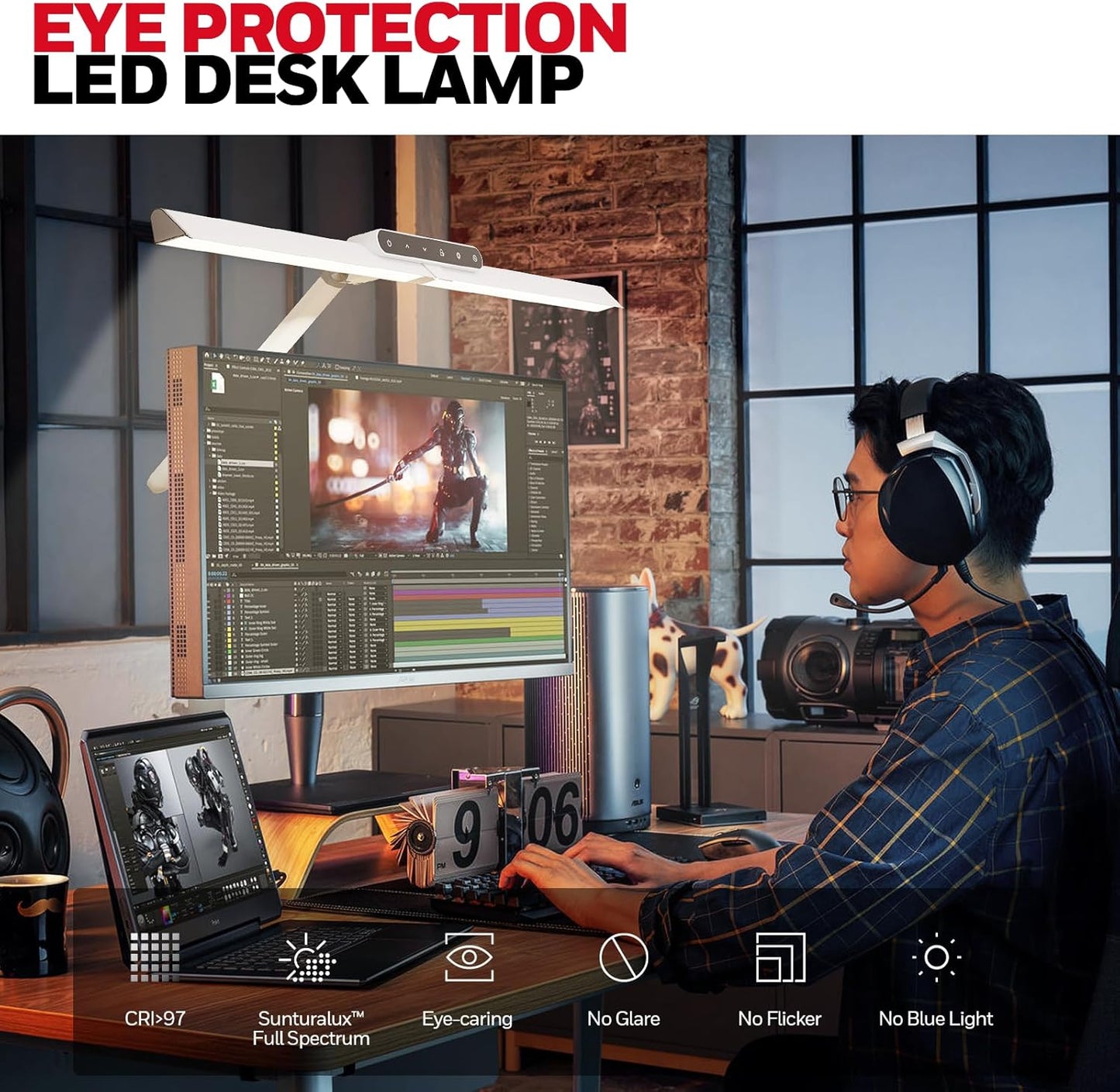 Honeywell LED Desk Lamp with Clamp - HJ1 Sunturalux Eye-Caring Clip on Lights for Home Office, 1200LM Clamp Lamp 4 Color Modes Stepless Dimming Task Desk Light for Working White