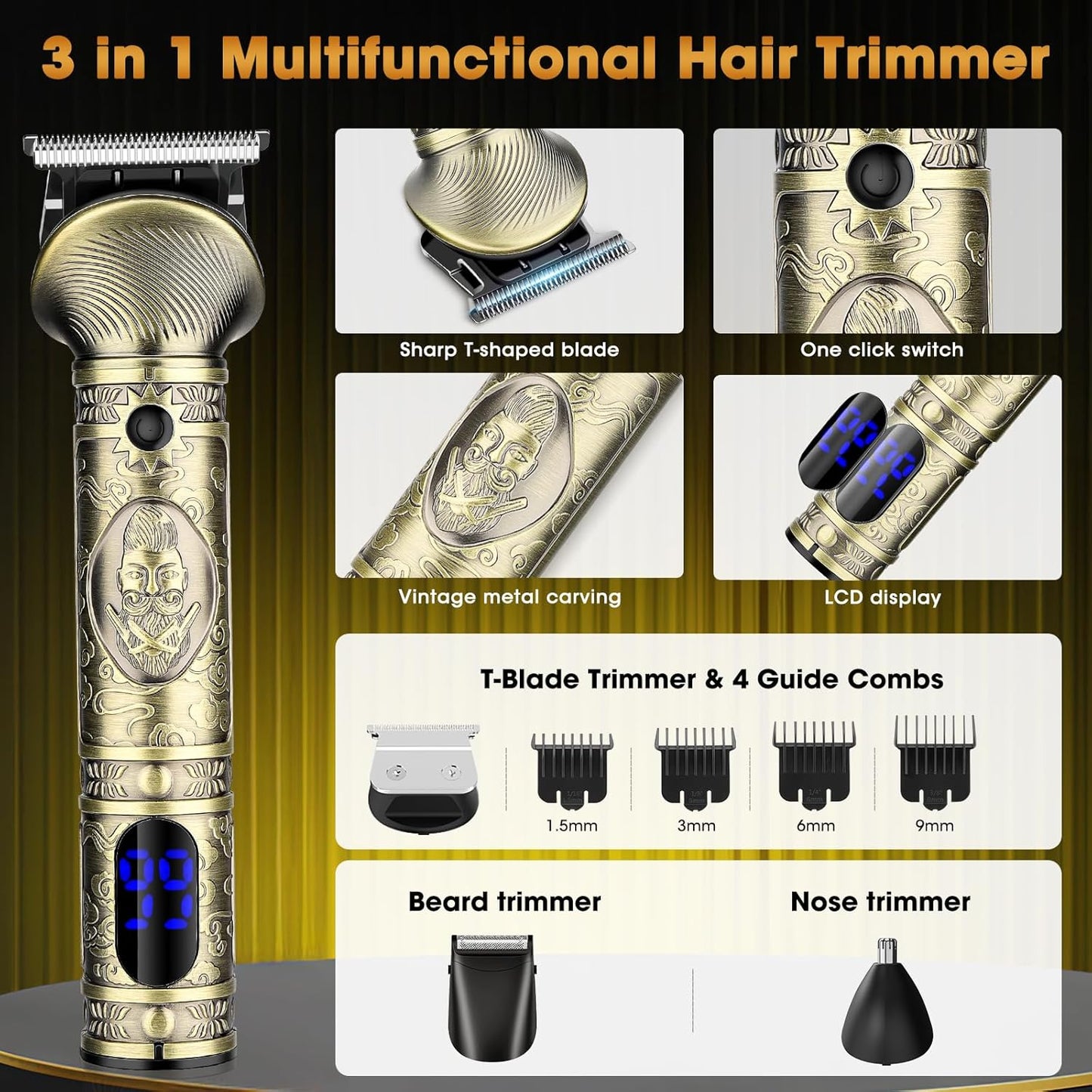 RESUXI Professional Hair Clippers for Men Electric Razor Shavers Nose Hair Trimmer and Detail Trimmer 5 Pcs Set，Cordless Beard Trimmer Barber Clippers for Hair Cutting Mens Grooming Kit