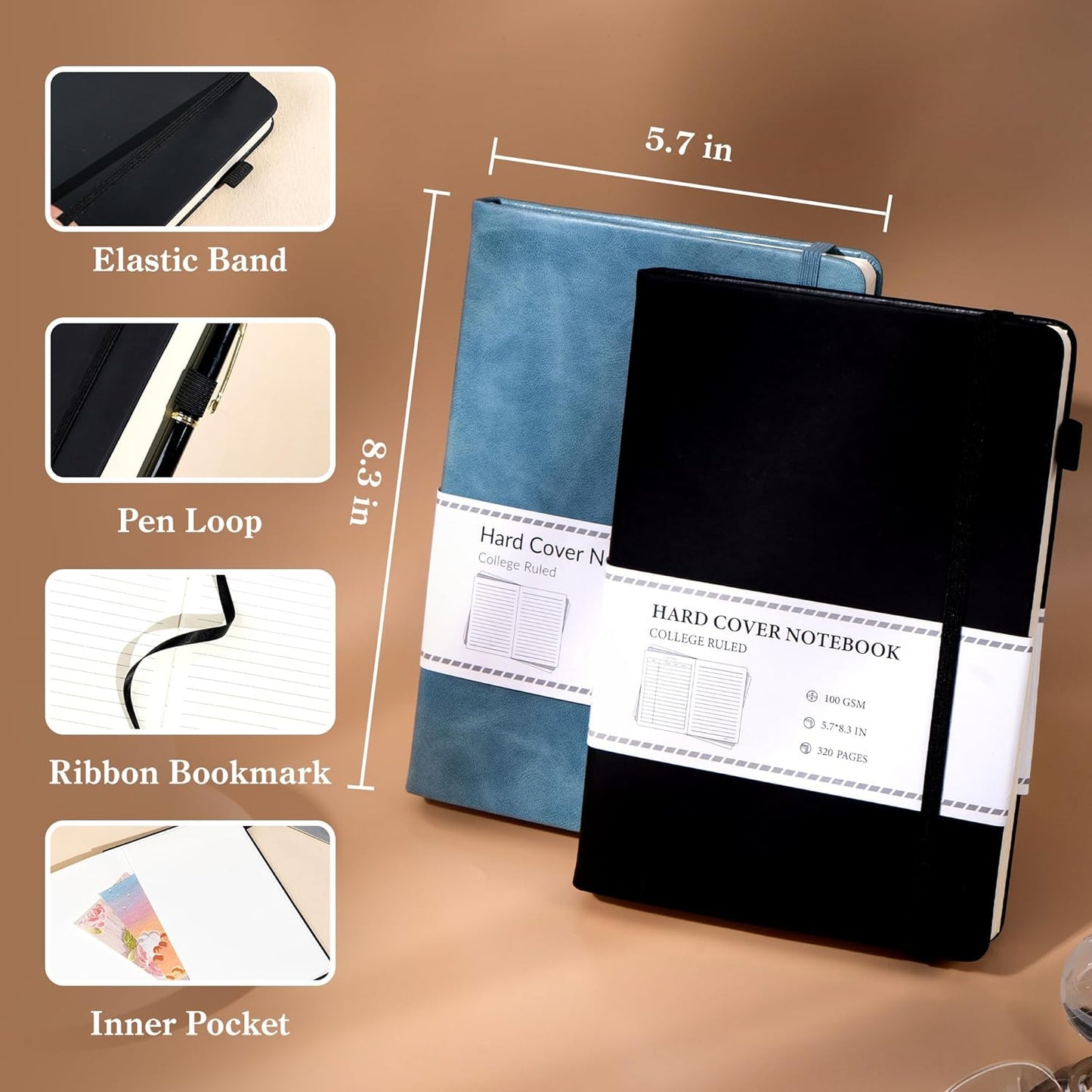 CAGIE 2 Pack Journals Notebooks for Women Men Leather Journals for Writing Hardcover A5 Journaling Notebooks Thick Journal Supplies Diary, Black& Blue