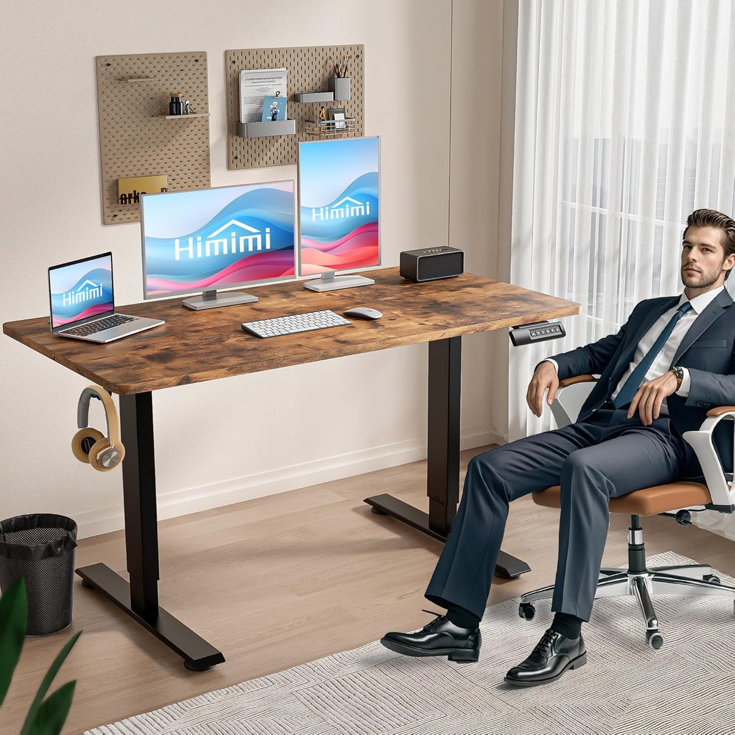 Himimi Electric Standing Desk 55 x 24 inch for Home Office,Sit-Stand Adjustable Desk with Memory Presets,Height Adjustable Desk for Gaming/Working,Free Hook, Lockable Wheels,Mouse Pad,Brown