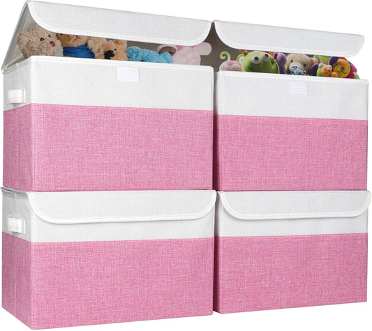 Large 22 Quart Linen Fabric Foldable Storage Bin Cube Organizer Basket with Flip-Top Lid & Handles, Clothes Blanket Box for Home, Office, Closet, Pink & White, 4 Pack 14.6 x 9.5 x 9.5
