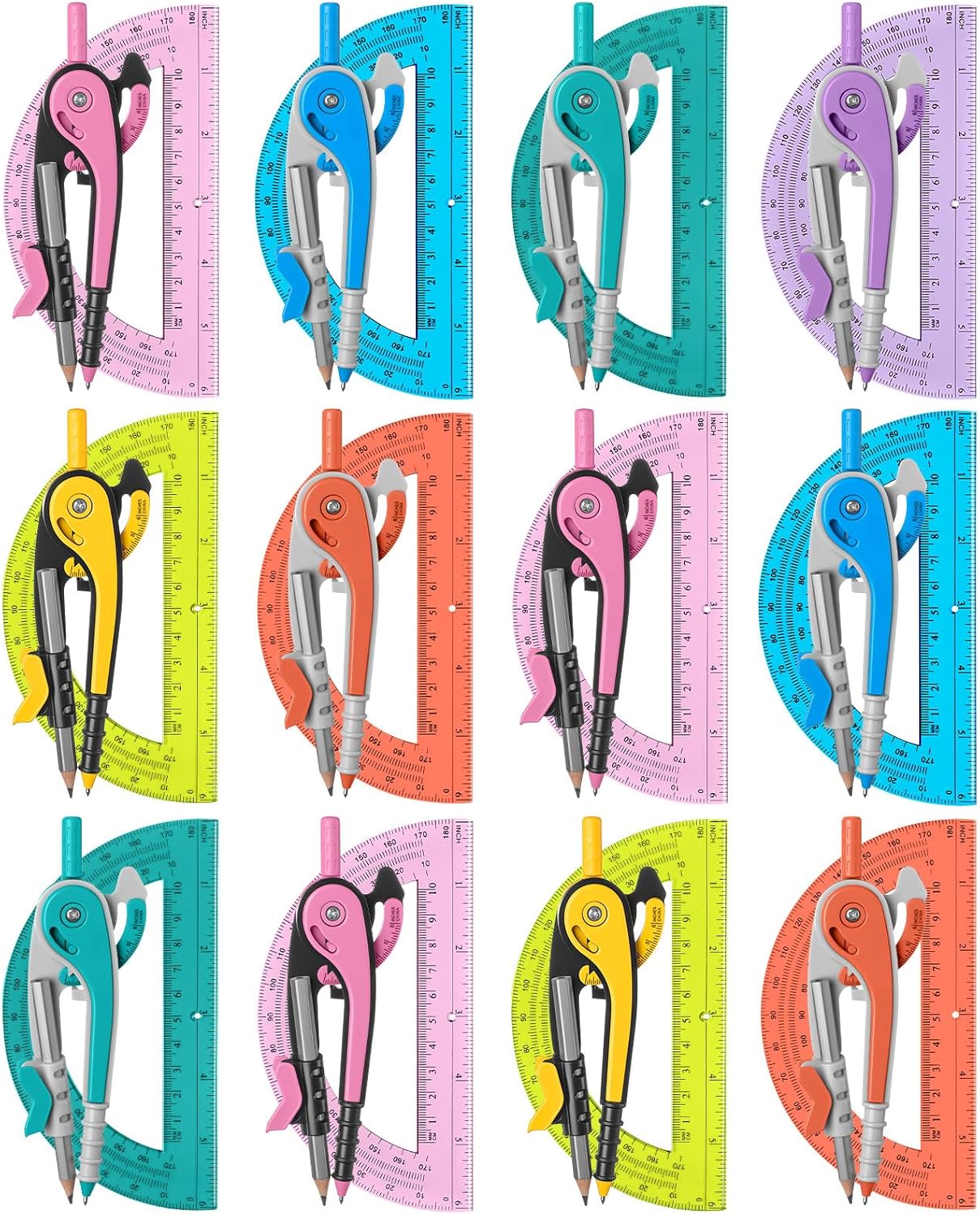 Chengu 12 Set Compass and Protractor Set, Multicolor Compass Geometry Tool 6 Inch 180 Degree Translucent Protractors for Geometry, Math Graphing Drawing Tools for Office and School Supplies