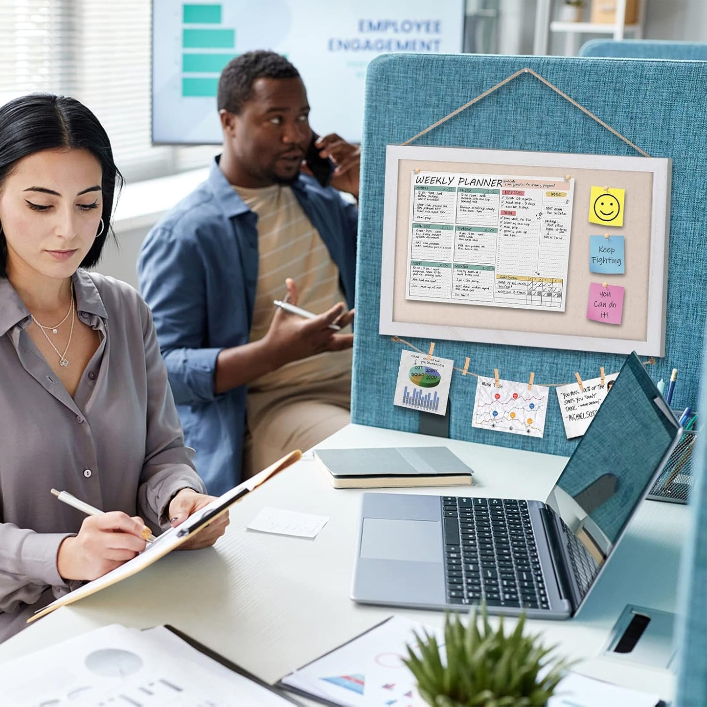 Miratino Cork Board Bulletin Board, 16 "x11 White Linen Cork Boards for Walls with White Frame, Pin Board Vision Board for Home Kitchen School Office Decor