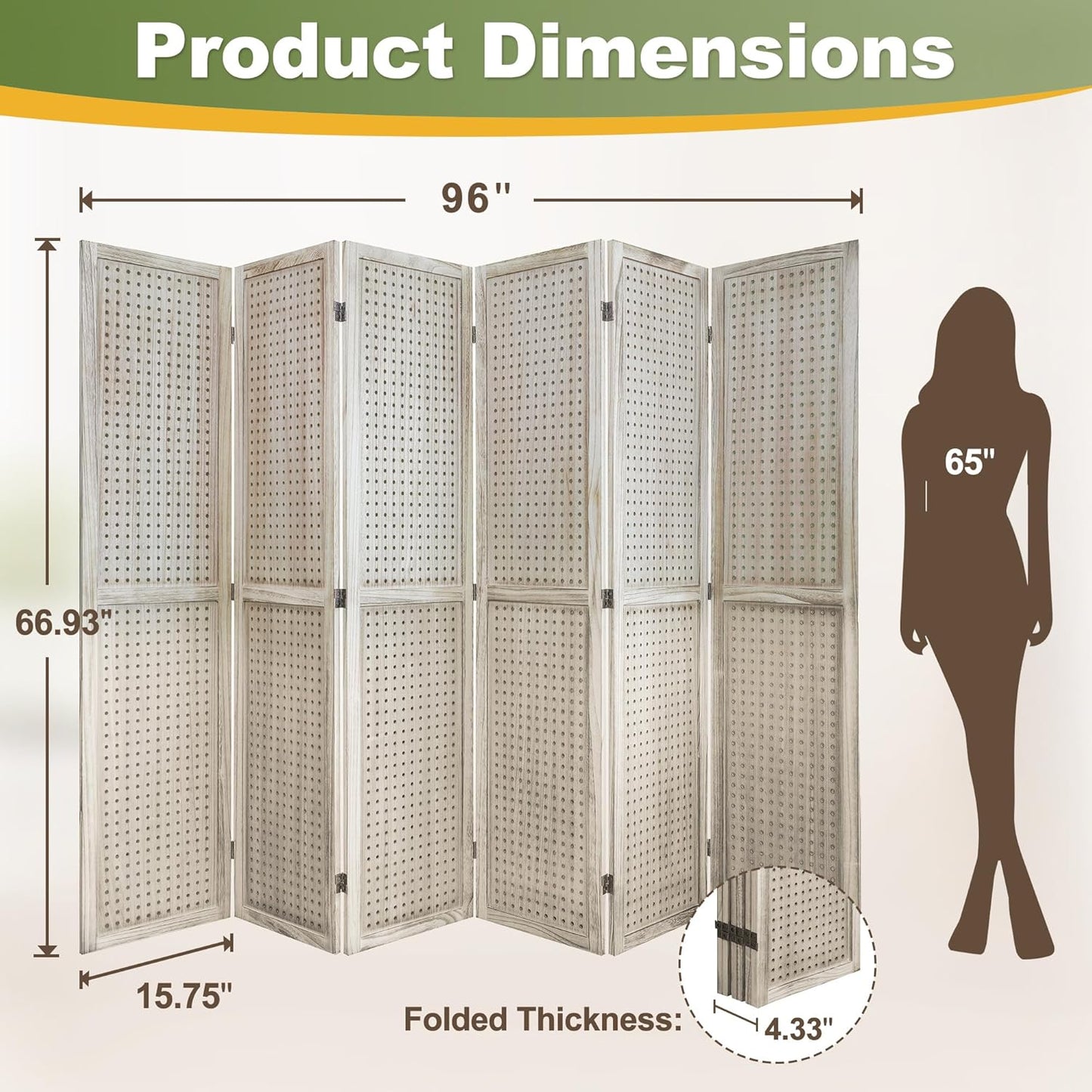NicBex Room Divider 6 Panel Pegboard Display 5.6FT Wood PegBoard Room Dividers, Folding Privacy Screens Portable Display Board Wall Divider for Craft/Art Shows, Room Separation, Natural Wood