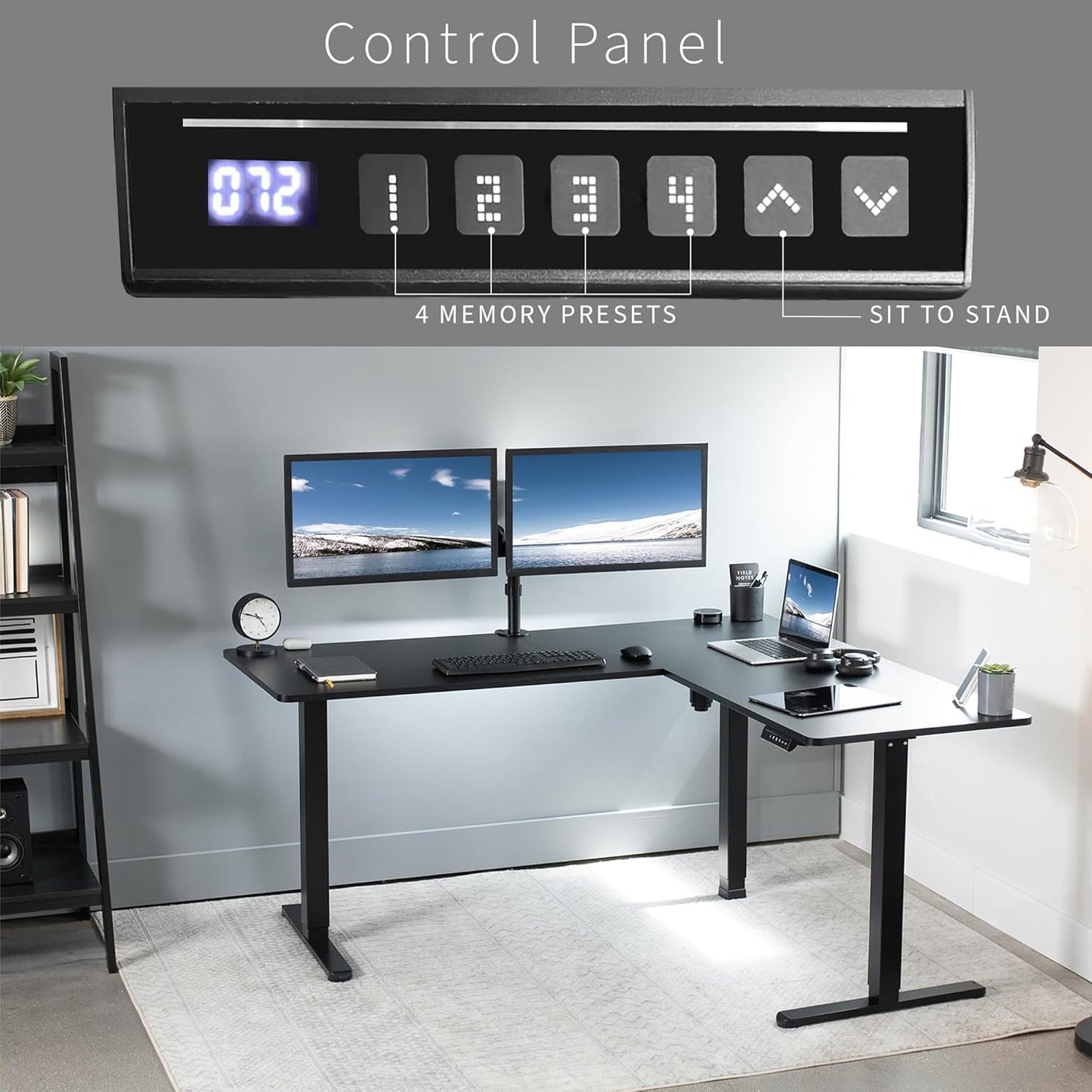 VIVO Electric Corner L-Shaped 63 x 55 in Standing Desk, Memory Height Adjustment, Black Top Black Frame, DESK-E3CTB