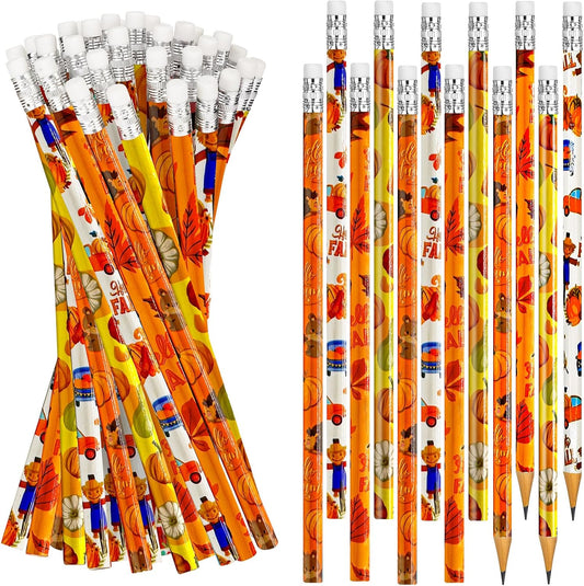Cinrobiye 100 Pieces Fall Thanksgiving Day Pencils with Eraser Holiday Fall Maple Leaf Autumn Pumpkins Wood Scarecrow Acorns Pencils for Harvest School Party Gift Supplies